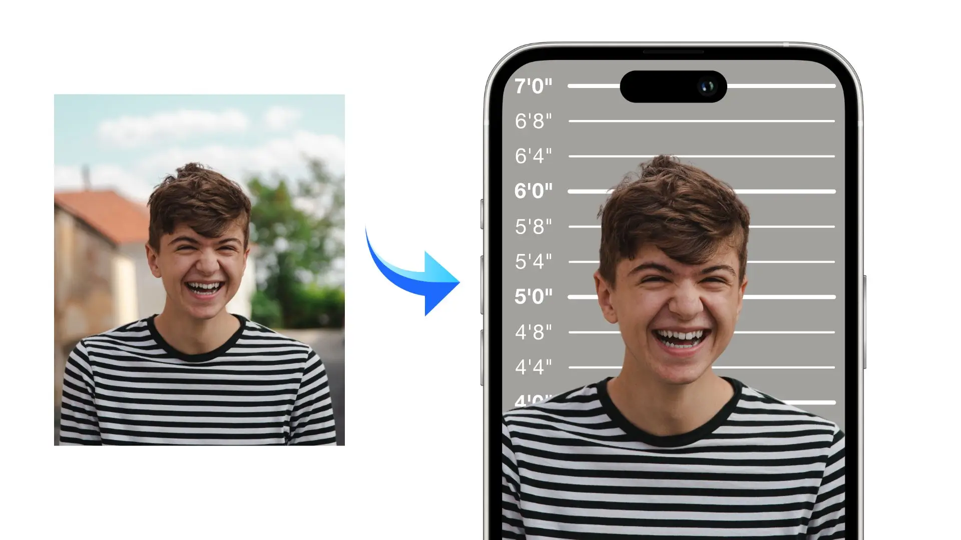 A smiling man stands in front of a phone displaying a mug shot, conveying a mix of emotions and curiosity.