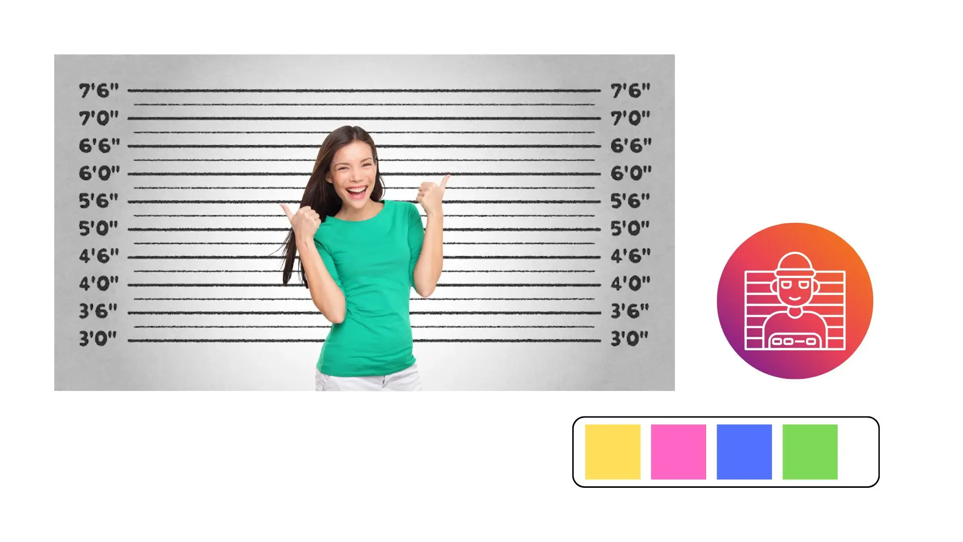 A woman stands in front of a mug shot backdrop, displaying a serious expression and wearing casual clothing.