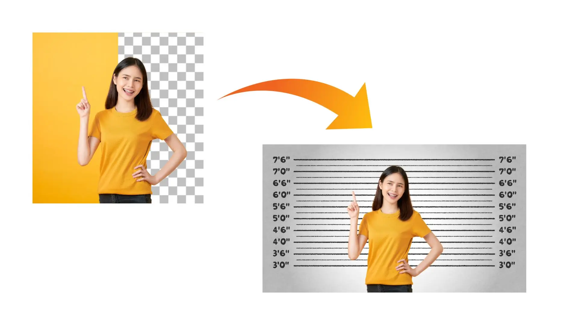 A woman indicates a mugshot on the right side, emphasizing its significance in the scene.