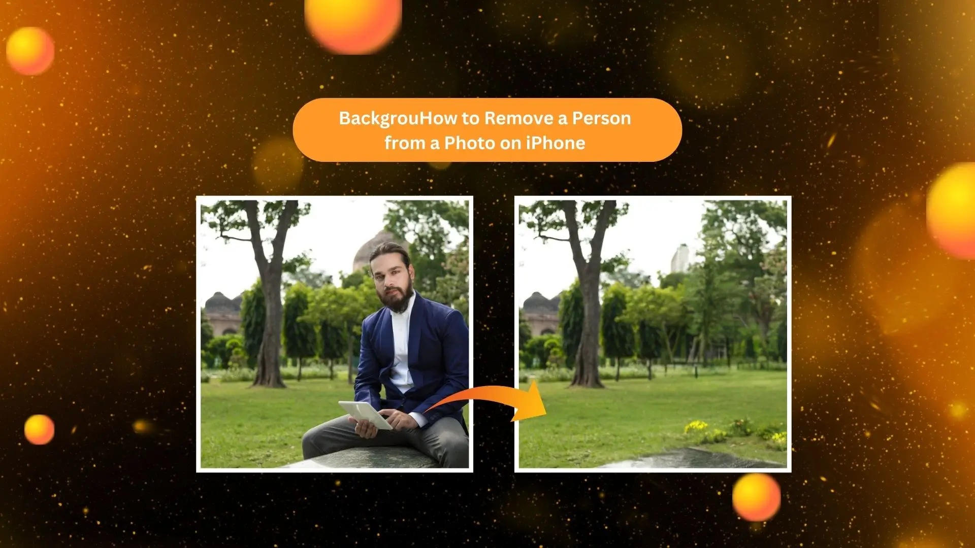 A man sits on a bench, with two images displaying "instructions for using the photo editor" beside him.