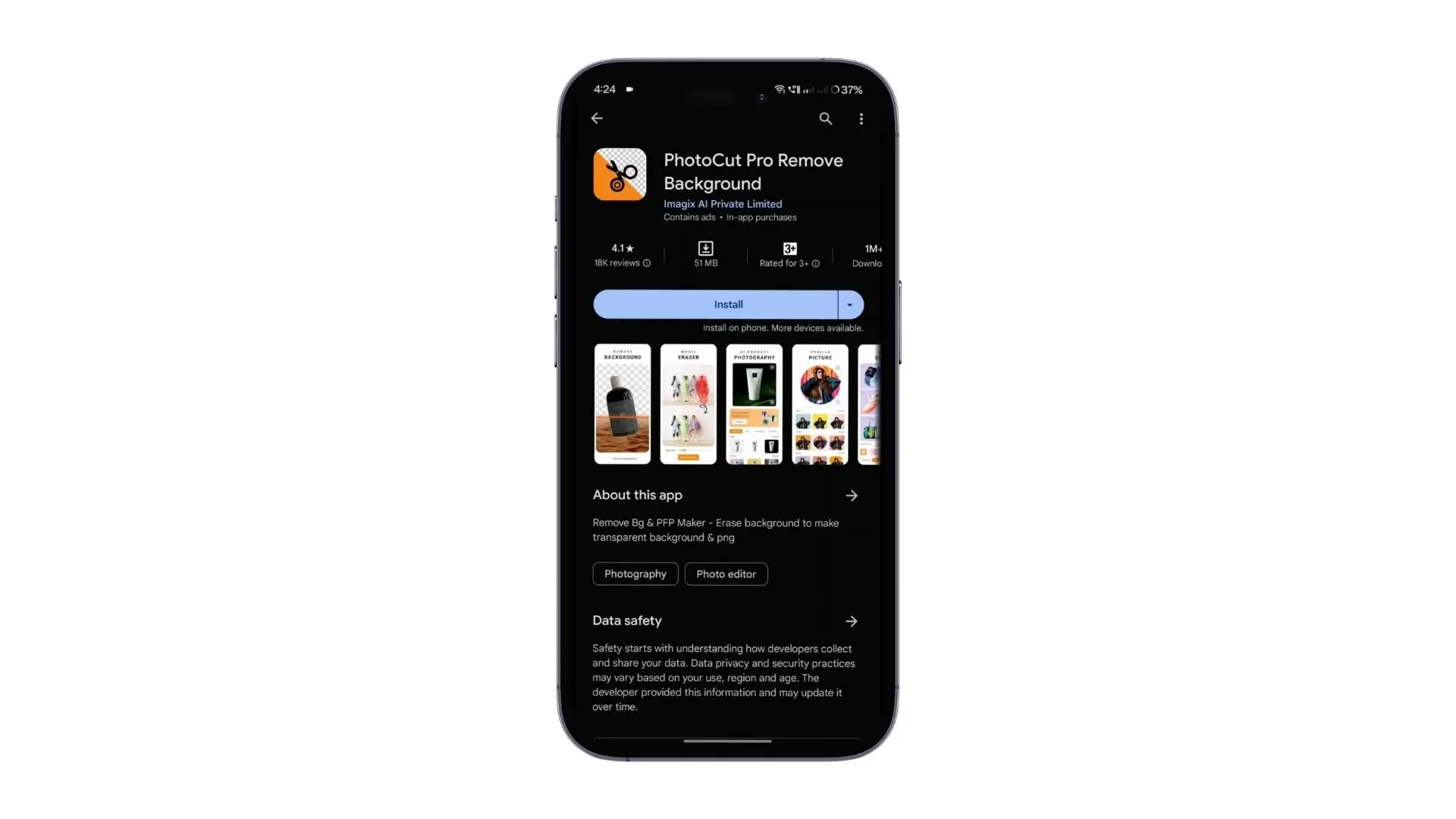A smartphone displaying an app interface on its screen, showcasing the app's features and design.
