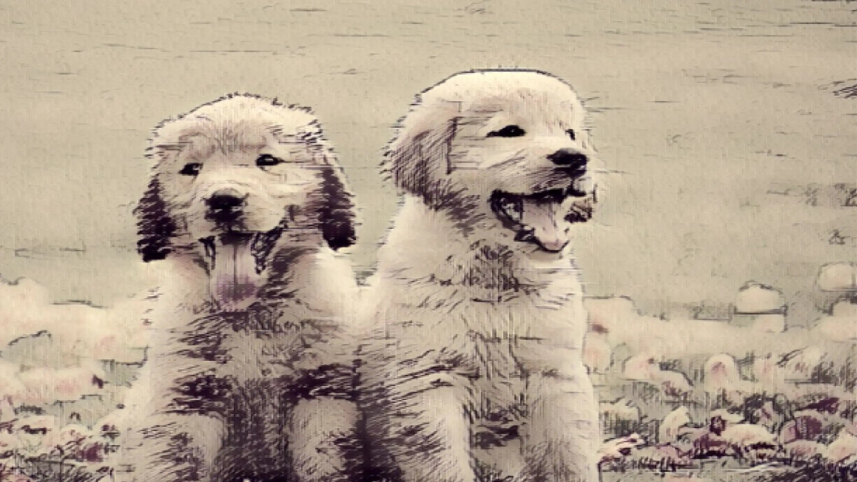 Two white puppies sitting on the ground, looking adorable and playful in a sunny outdoor setting.‍