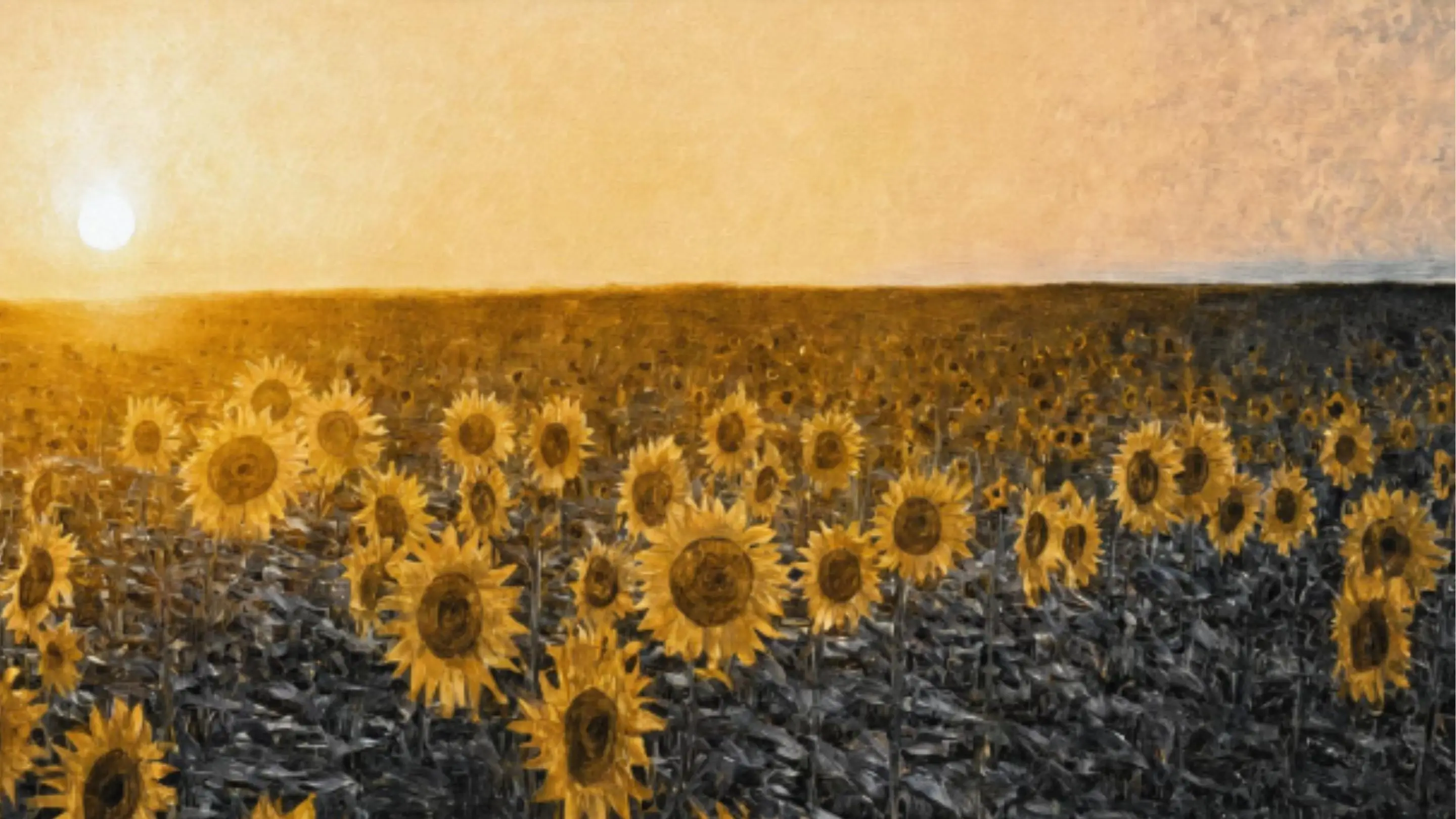 A vibrant field of sunflowers basking in the warm glow of a sunset, creating a picturesque and serene landscape.