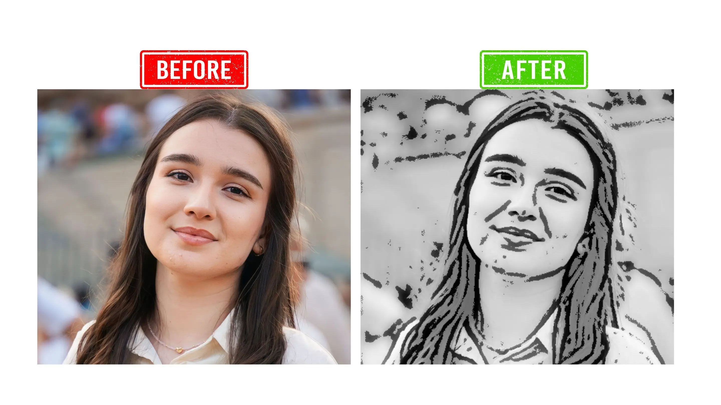 Side-by-side comparison of a woman’s appearance before and after applying a photo editing program, illustrating significant changes.‍