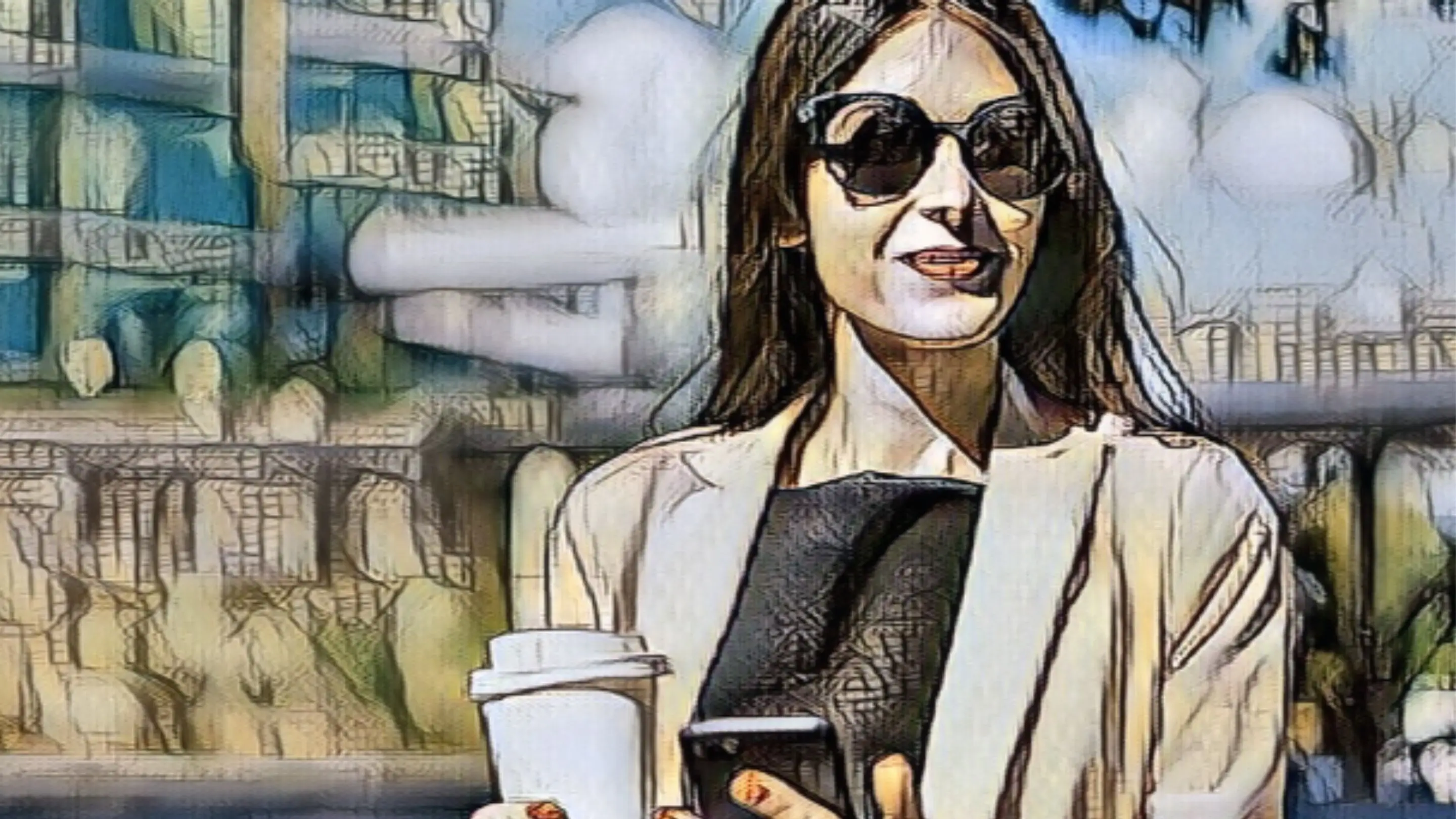 A woman wearing sunglasses, holding a coffee cup in one hand and a phone in the other, enjoying a sunny day.‍