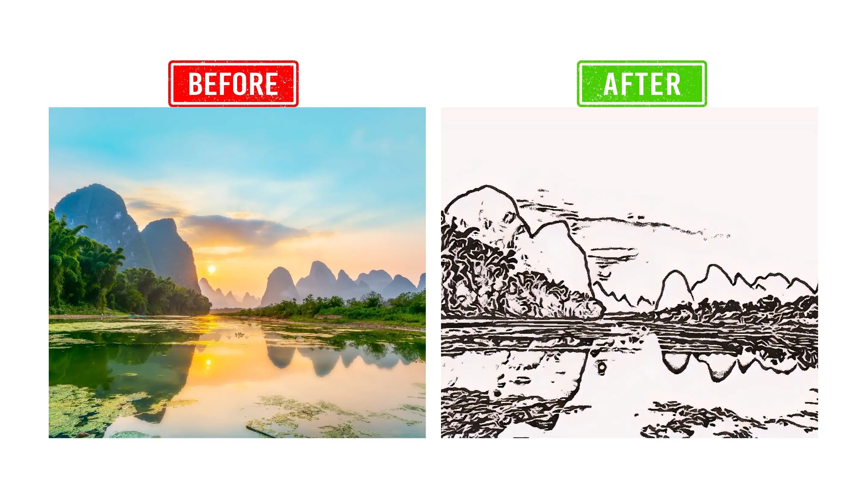 A side-by-side comparison of a river drawing, showcasing the original sketch and the enhanced final version.