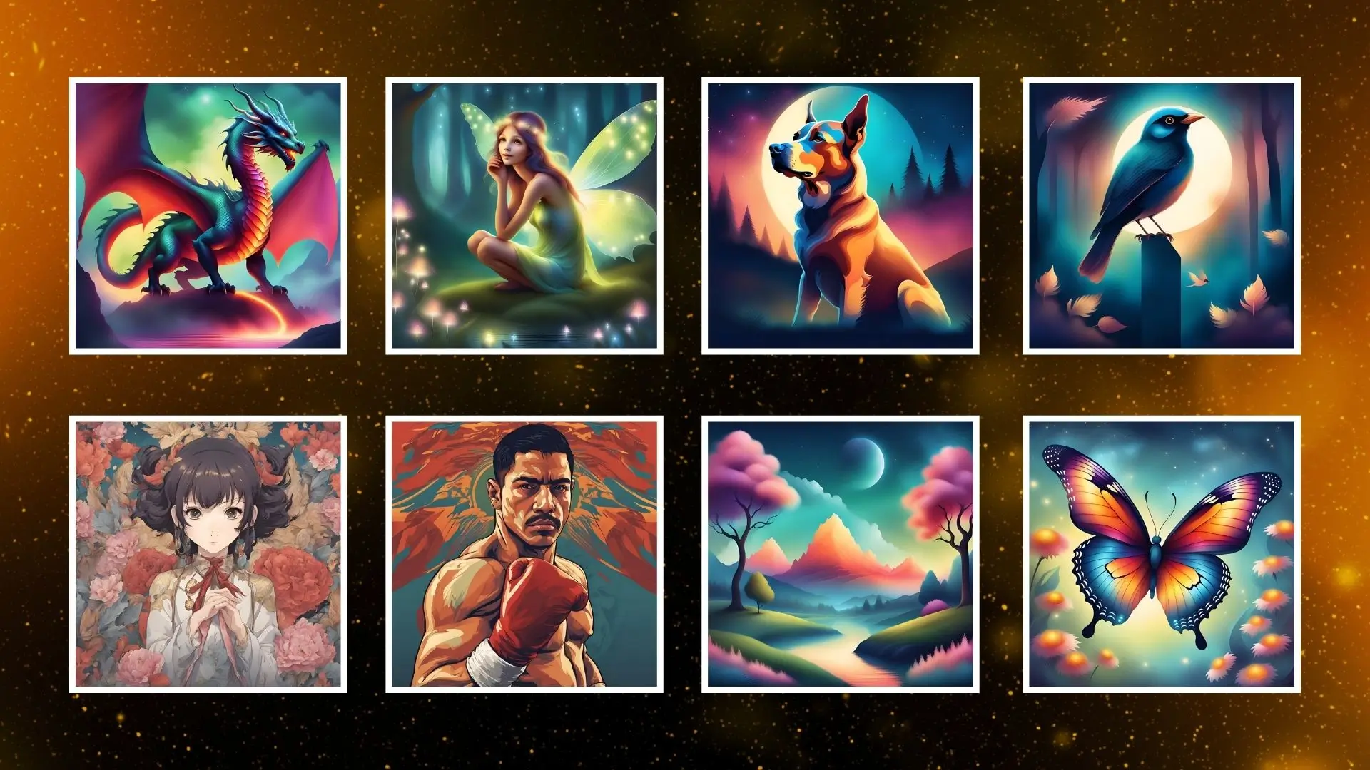 A collection of eight cards featuring illustrations of different animals alongside diverse human figures.