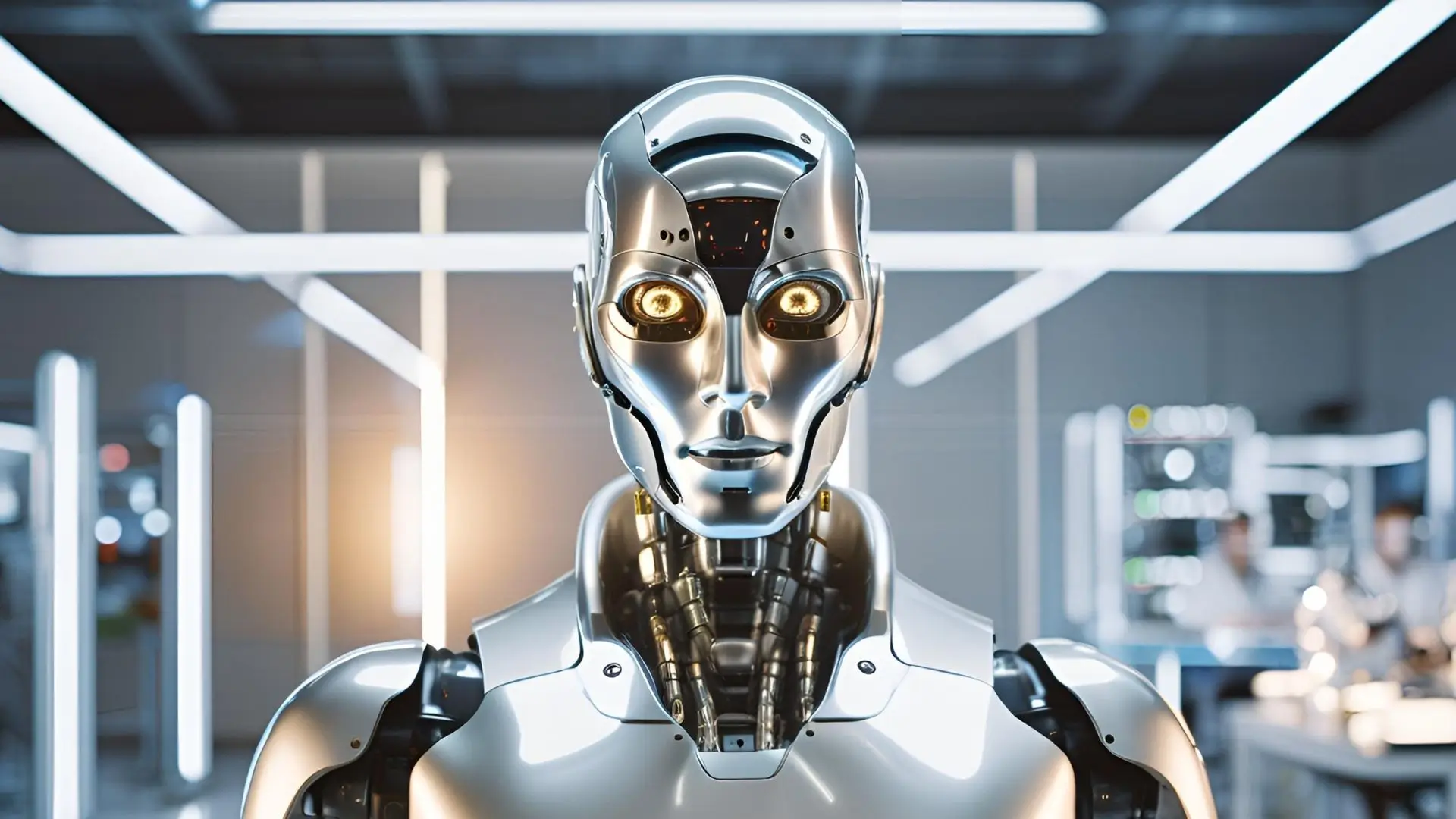 A robot operates in a factory surrounded by workers, showcasing collaboration between technology and human labor.‍