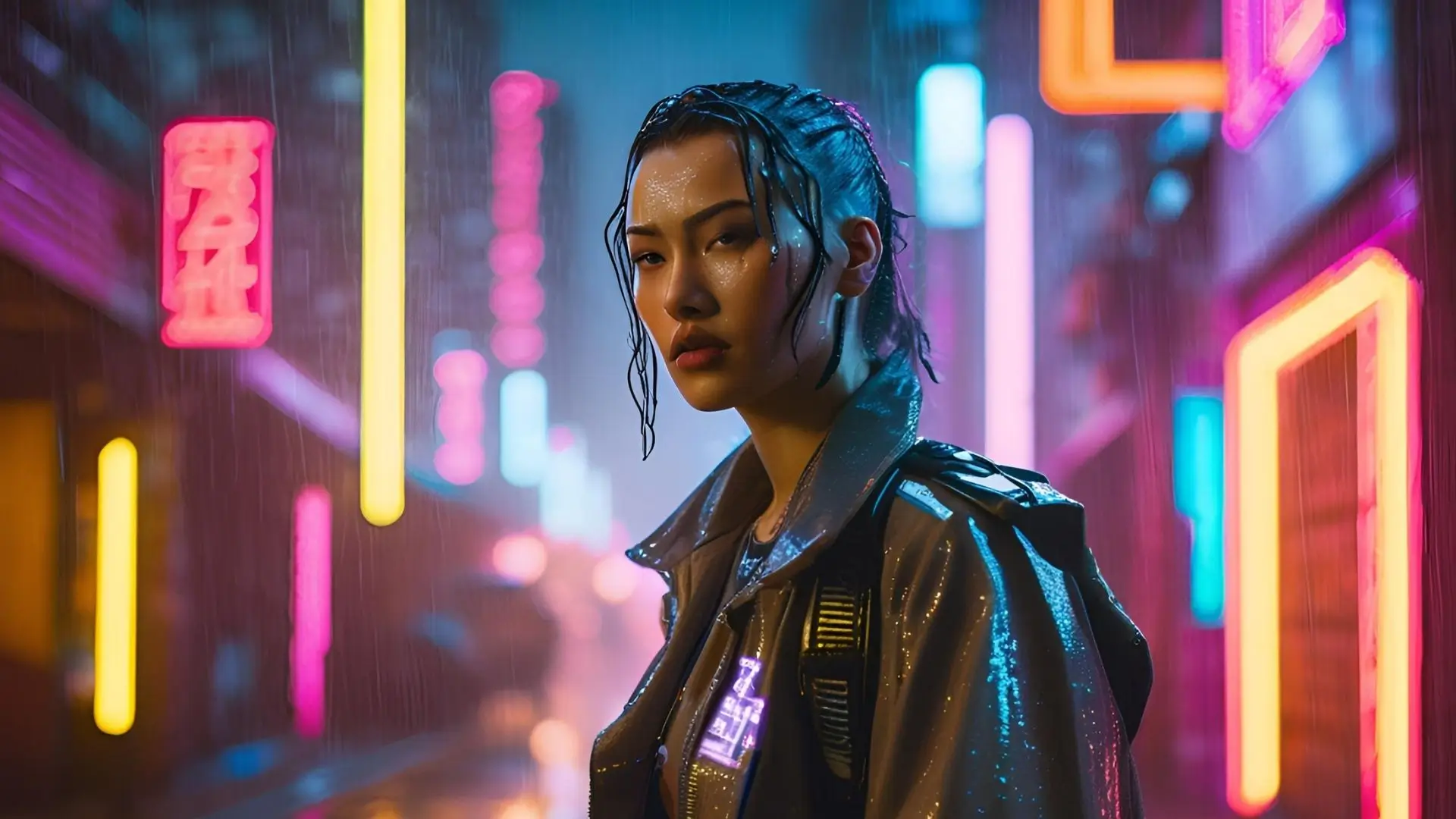 A woman in a vibrant neon jacket stands confidently in the rain, droplets cascading around her.