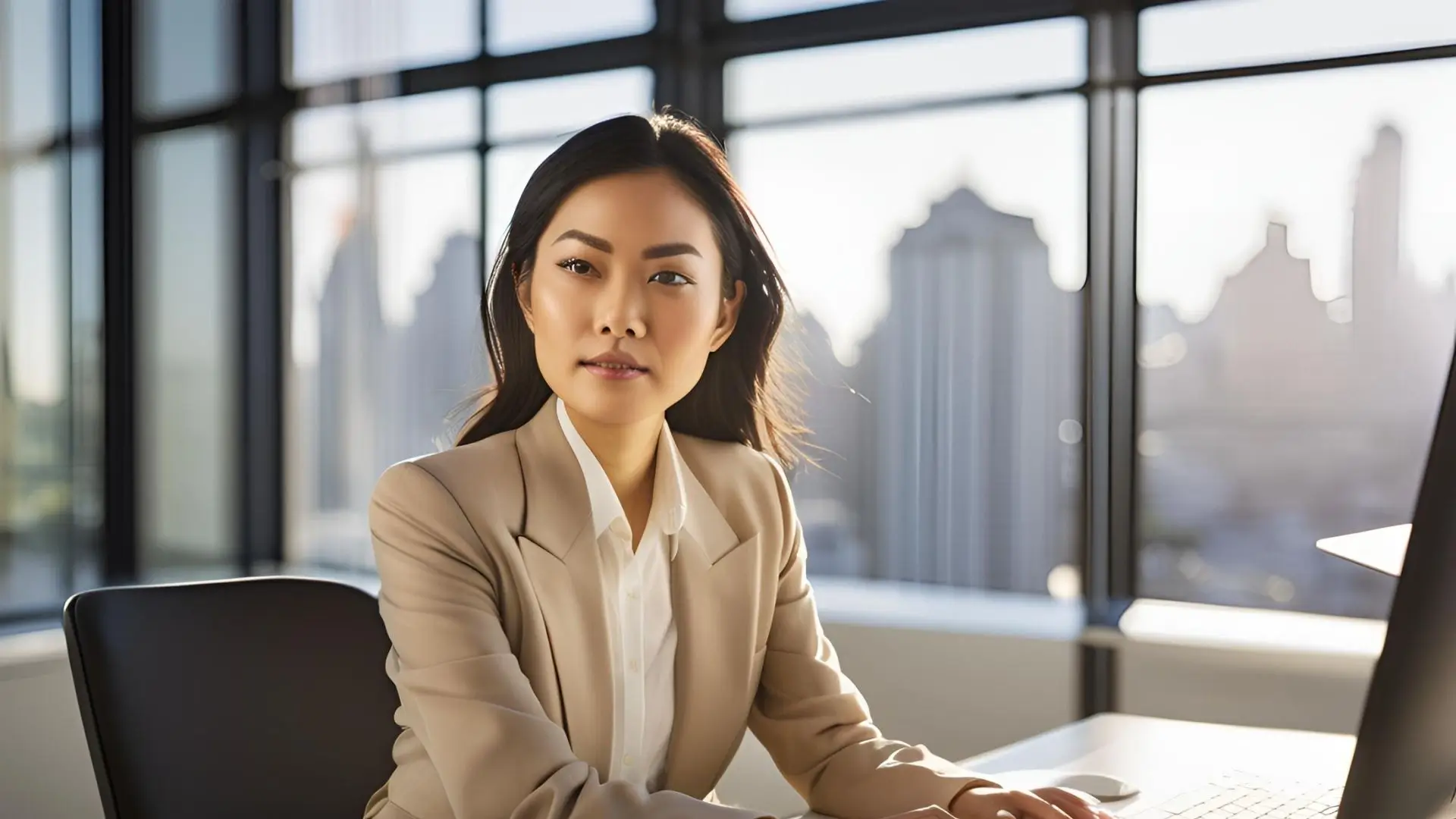 A professional woman in a business suit seated at a desk, focused on her work with a laptop in front of her.‍