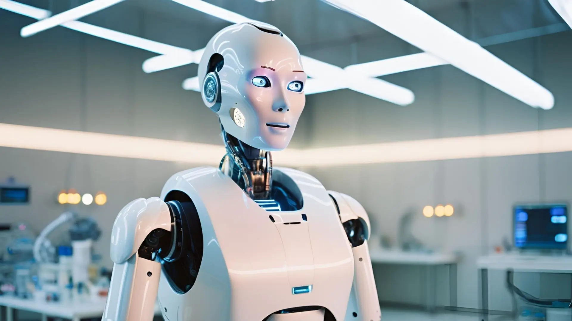 A futuristic robot in a laboratory, highlighted by a bright white background, symbolizing cutting-edge research and development.