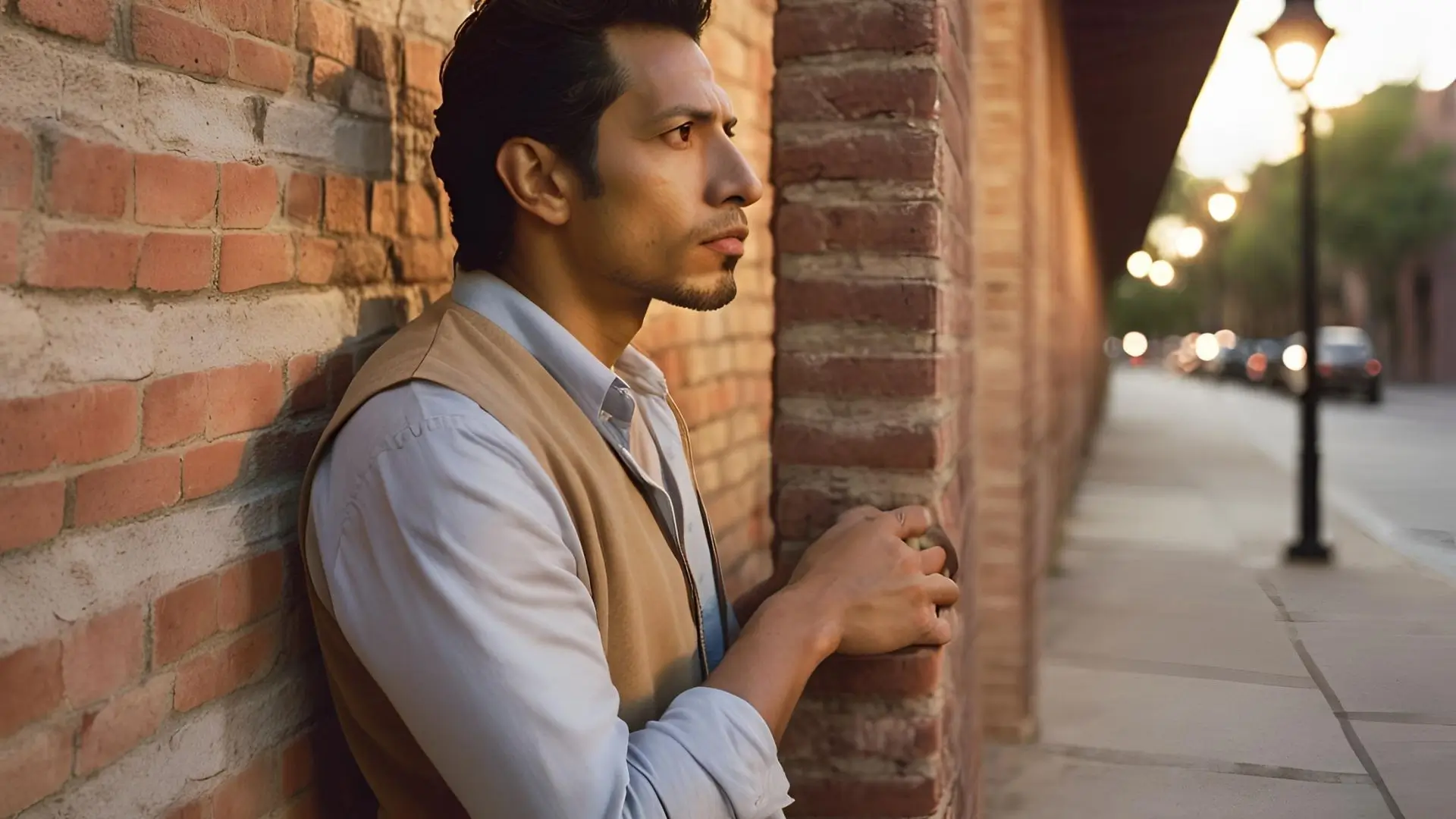 A man stands relaxed, leaning against a weathered brick wall, showcasing a moment of pause and reflection.