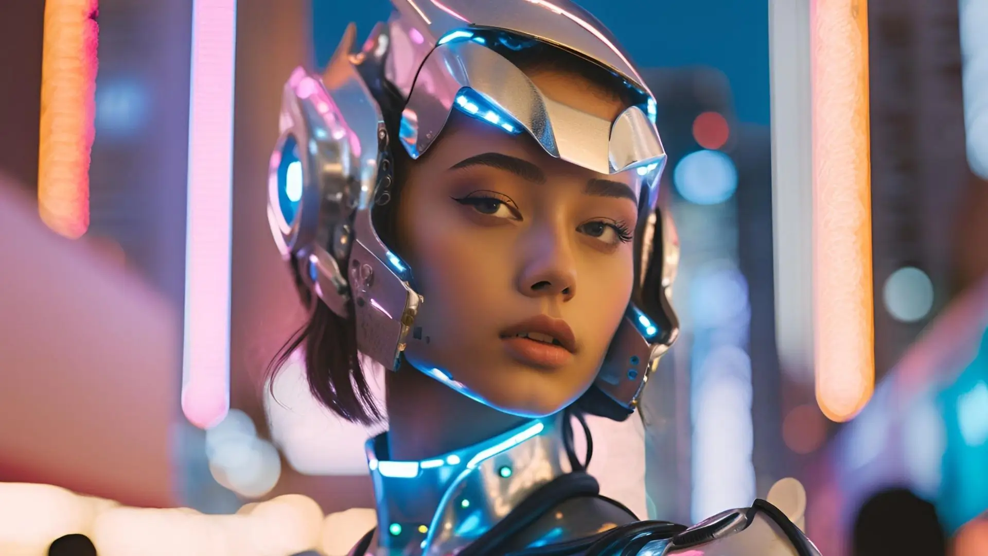 A woman wearing a sleek futuristic suit adorned with vibrant neon lights, exuding a modern and dynamic aesthetic.
