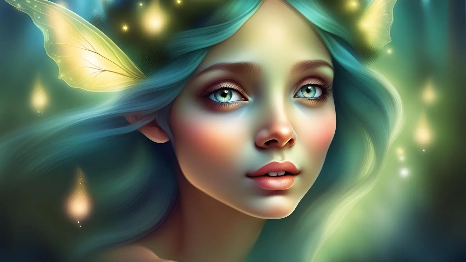 A stunning fairy with blue eyes and delicate wings, exuding an enchanting and magical presence in a vibrant setting.