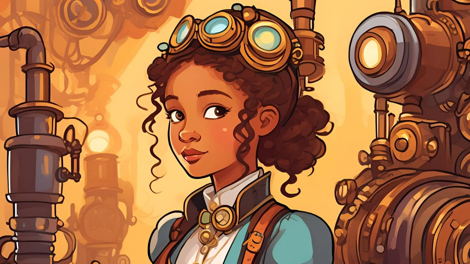 Cartoon girl wearing goggles, excitedly exploring a steam engine, showcasing her adventurous spirit and curiosity.