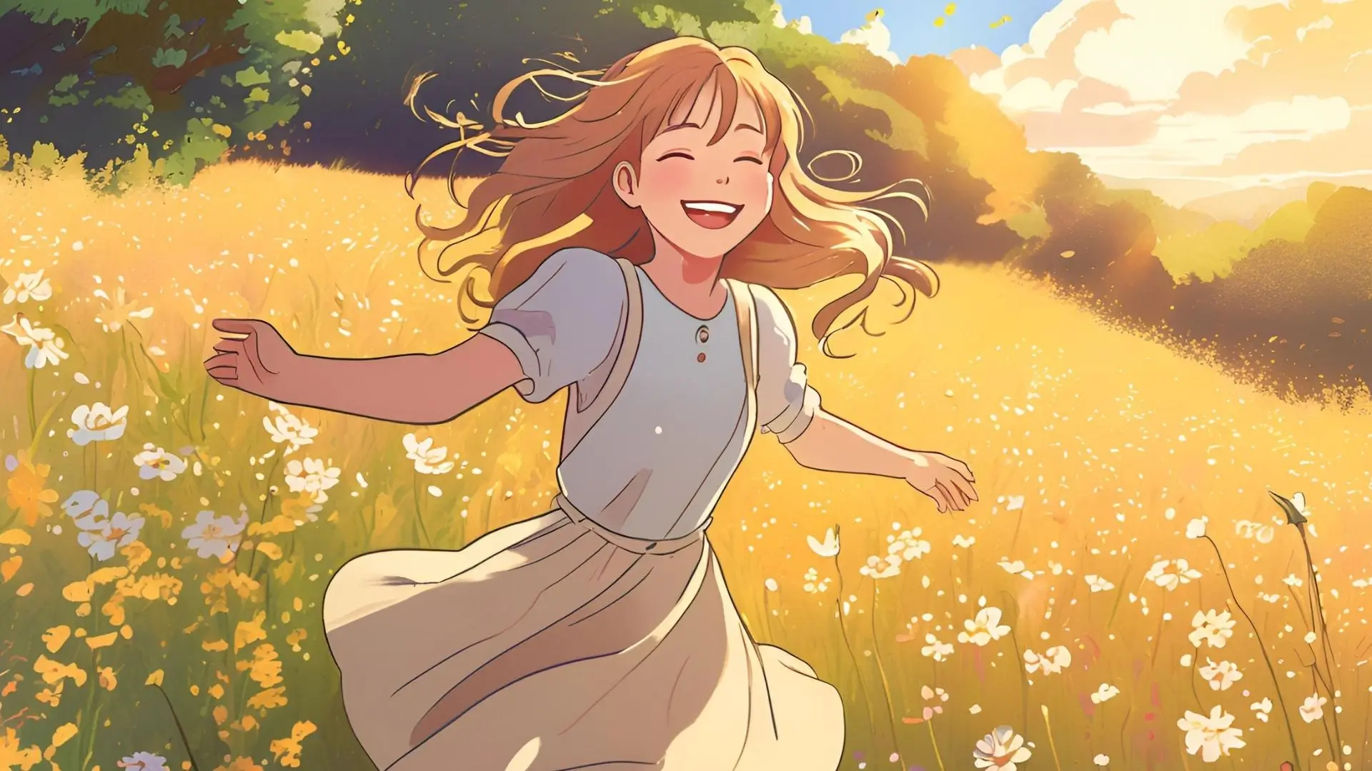 A girl joyfully runs through a vibrant field filled with colorful flowers under a clear blue sky.‍