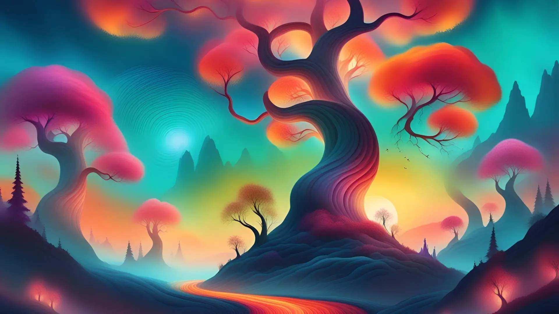 A vibrant painting of a tree with a flowing rainbow trail, showcasing a blend of colors and natural beauty.‍