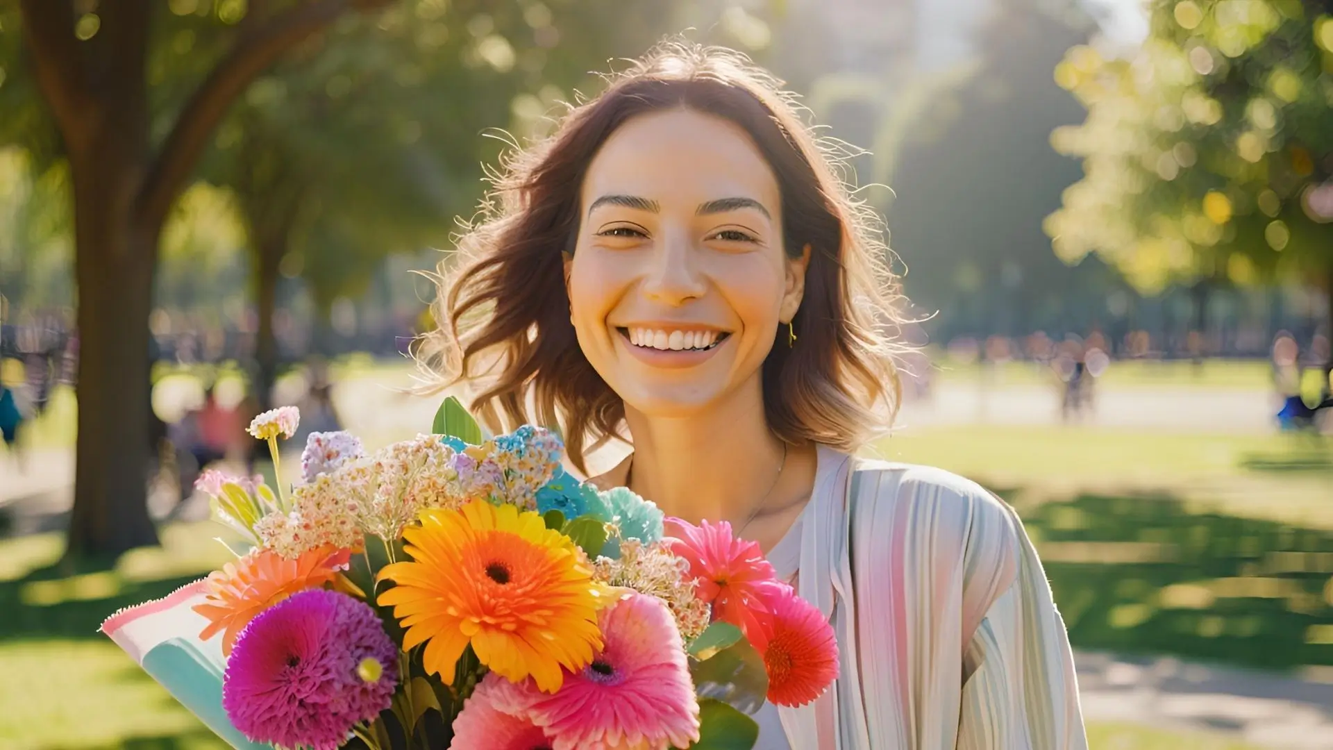 A woman smiles brightly while holding a vibrant bouquet of flowers in her hands.‍