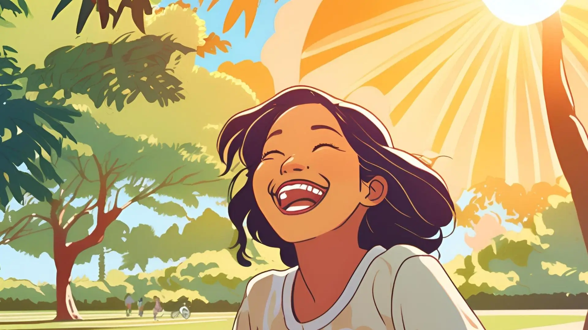 A young girl laughing brightly in the sunshine, embodying joy and warmth in a beautiful outdoor setting.