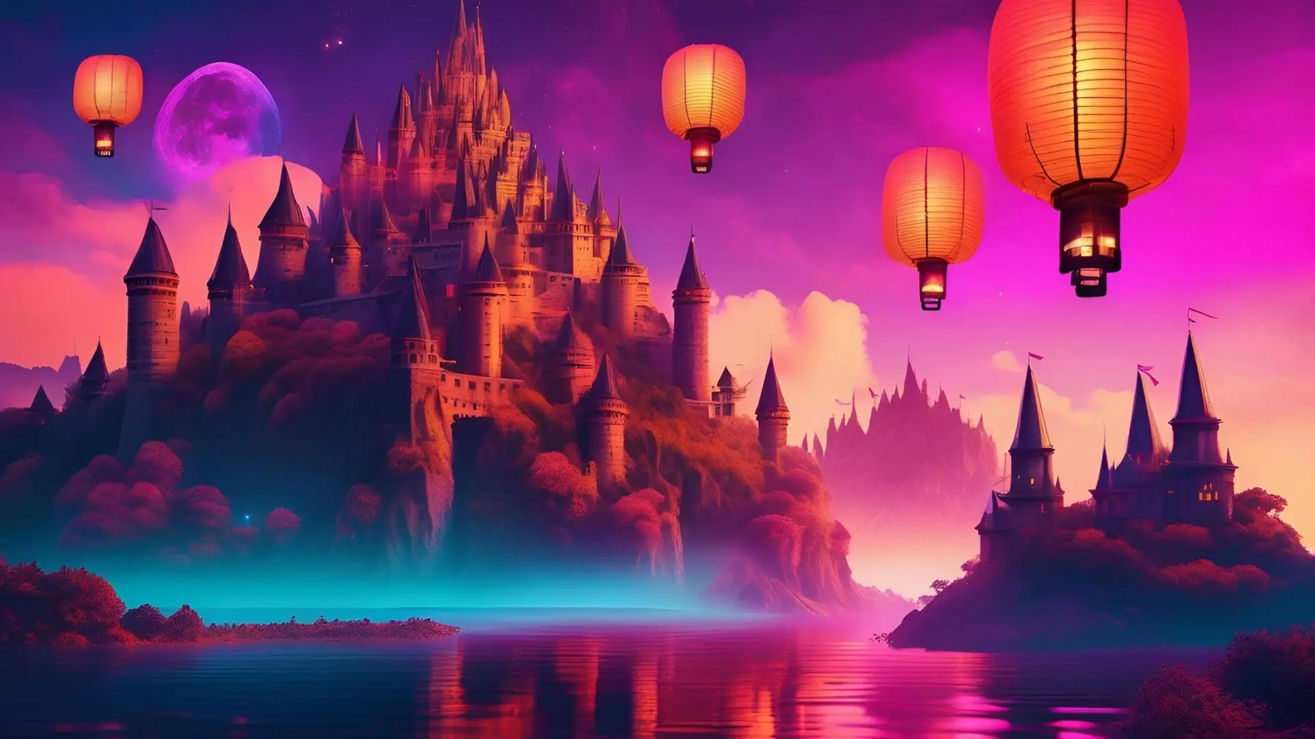 A majestic castle illuminated by floating lanterns in a serene night sky, creating a magical atmosphere.‍