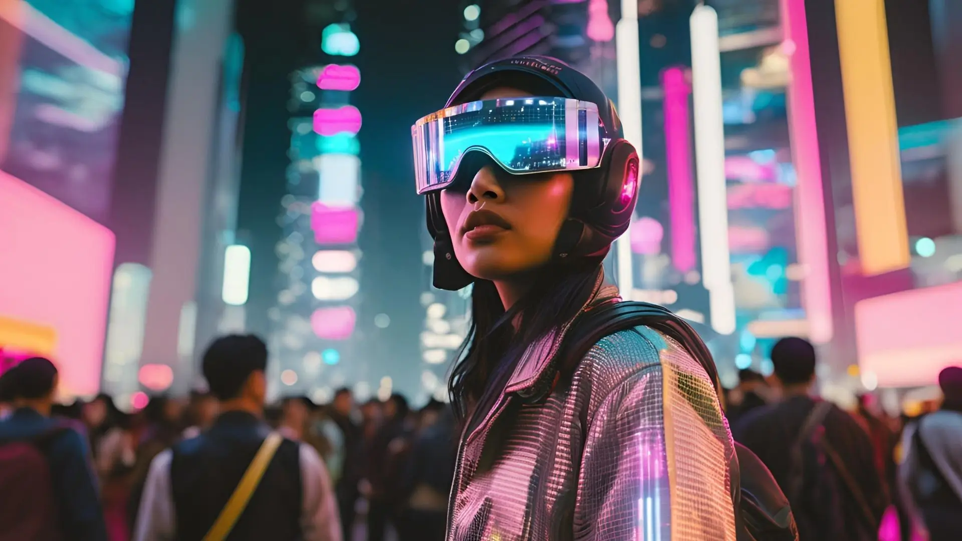 A woman in a futuristic helmet and goggles stands confidently in a vibrant cityscape.‍