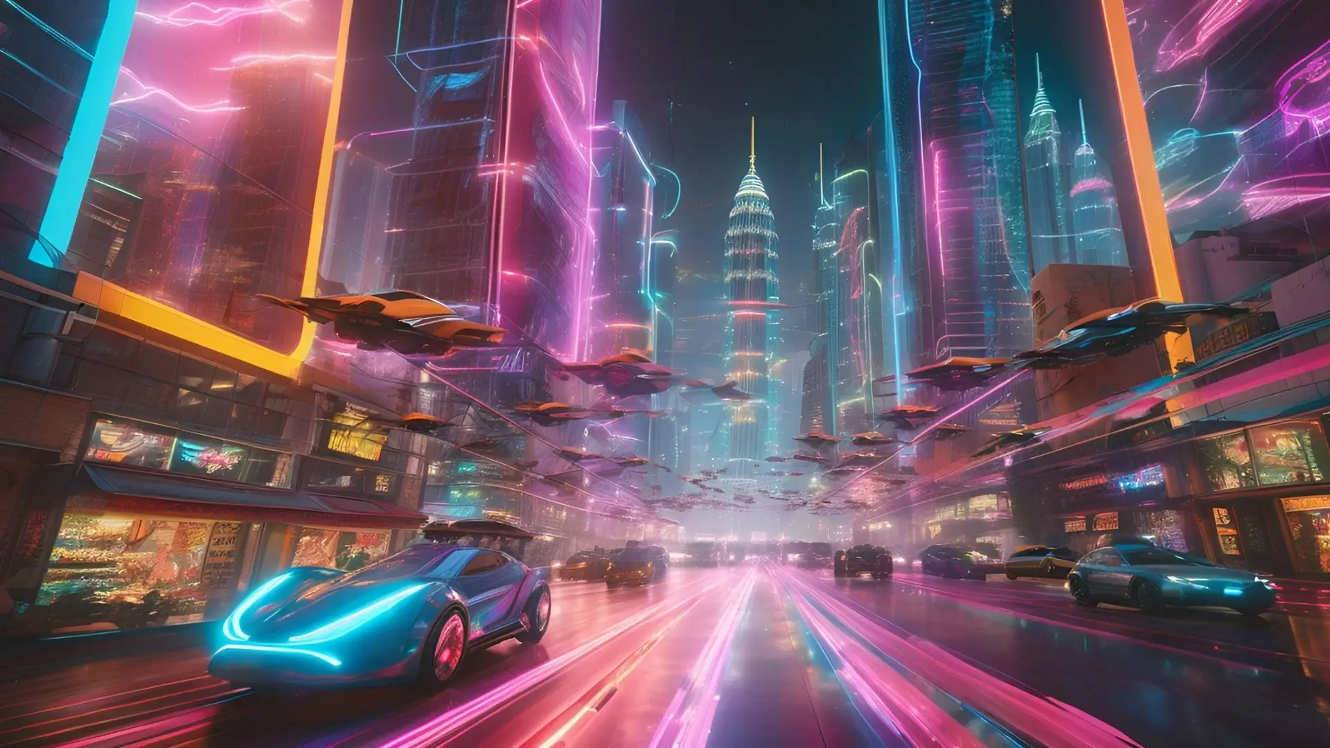 A vibrant futuristic cityscape illuminated by neon lights, featuring sleek cars navigating the bustling streets.‍