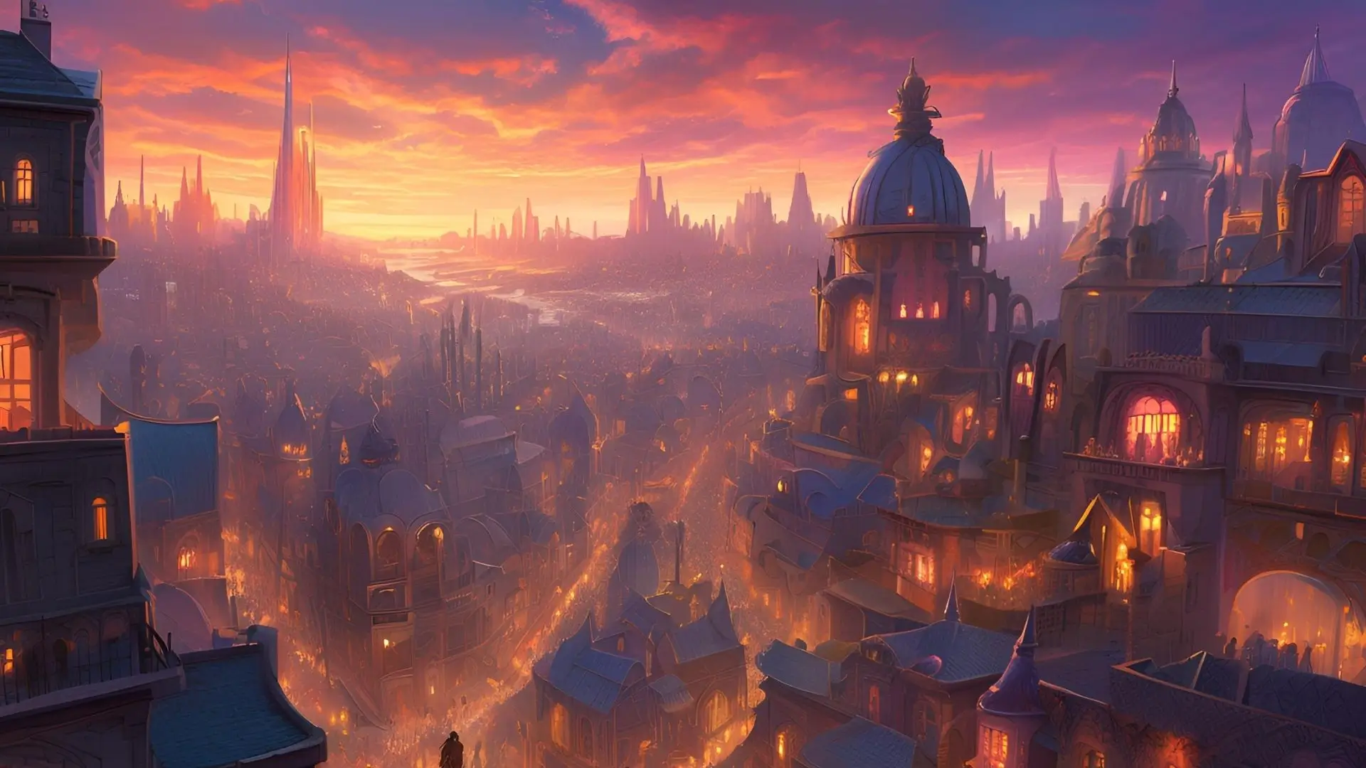 The cityscape aglow at sunset, with buildings silhouetted against a colorful sky, creating a stunning evening atmosphere.‍