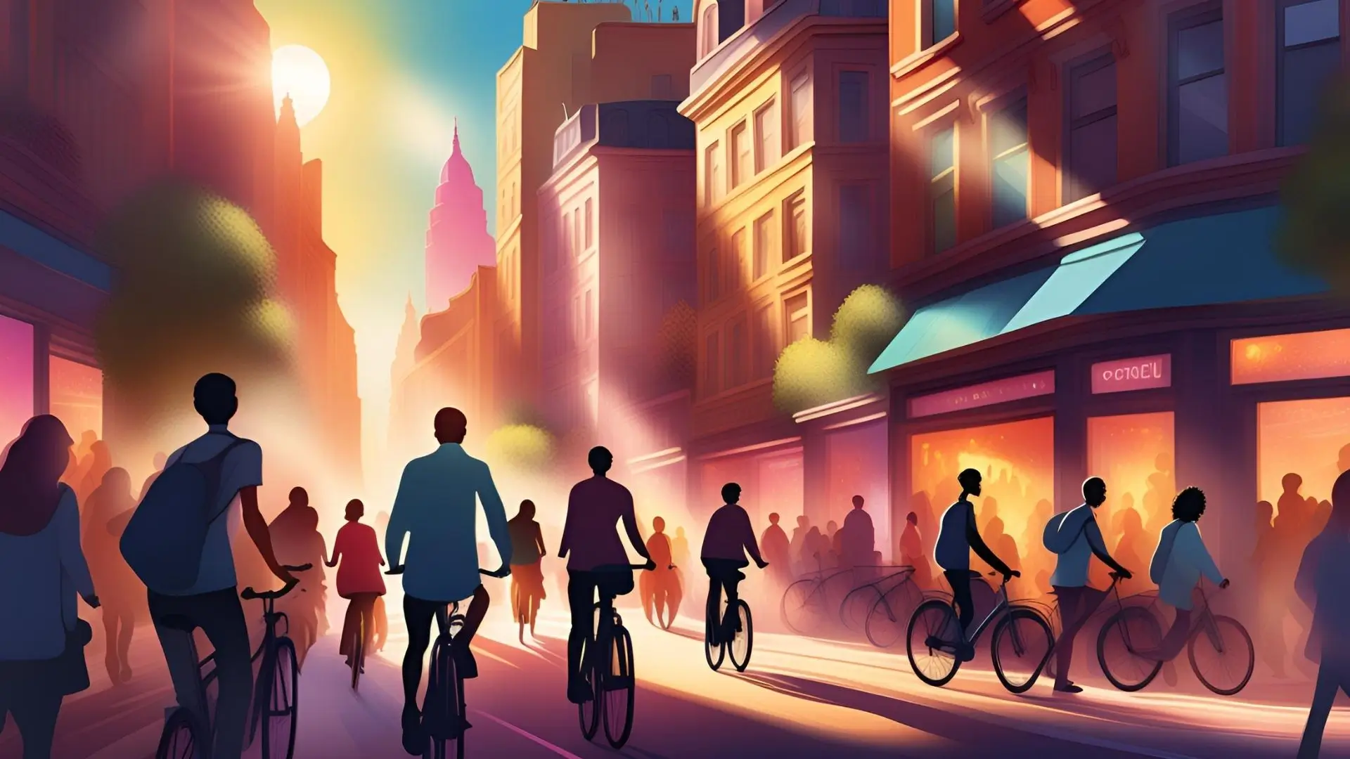 A vibrant painting depicting people riding bicycles along a bustling city street, showcasing urban life and movement.