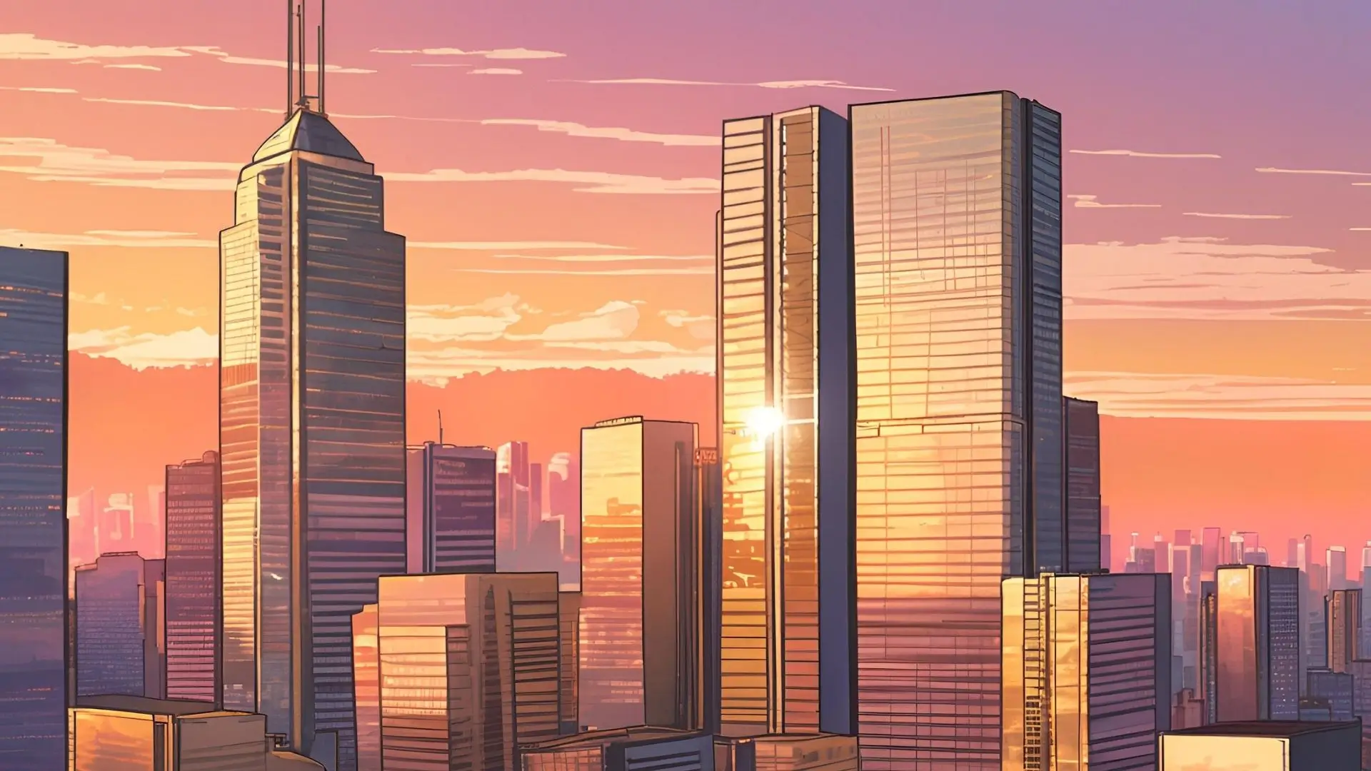 Skyscrapers rise against a colorful sunset, creating a striking urban skyline in the evening light.‍