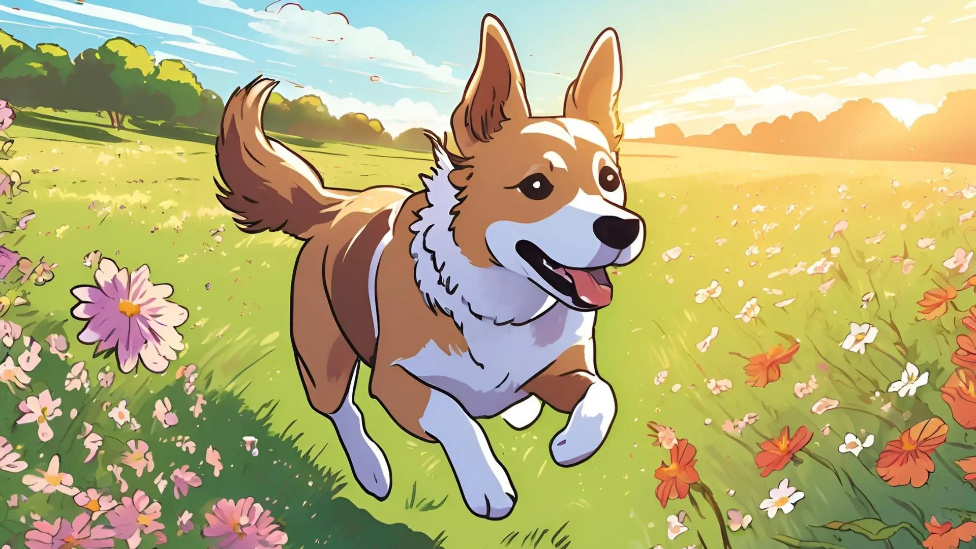 A playful cartoon dog dashes through a blooming field, surrounded by a variety of bright flowers.‍