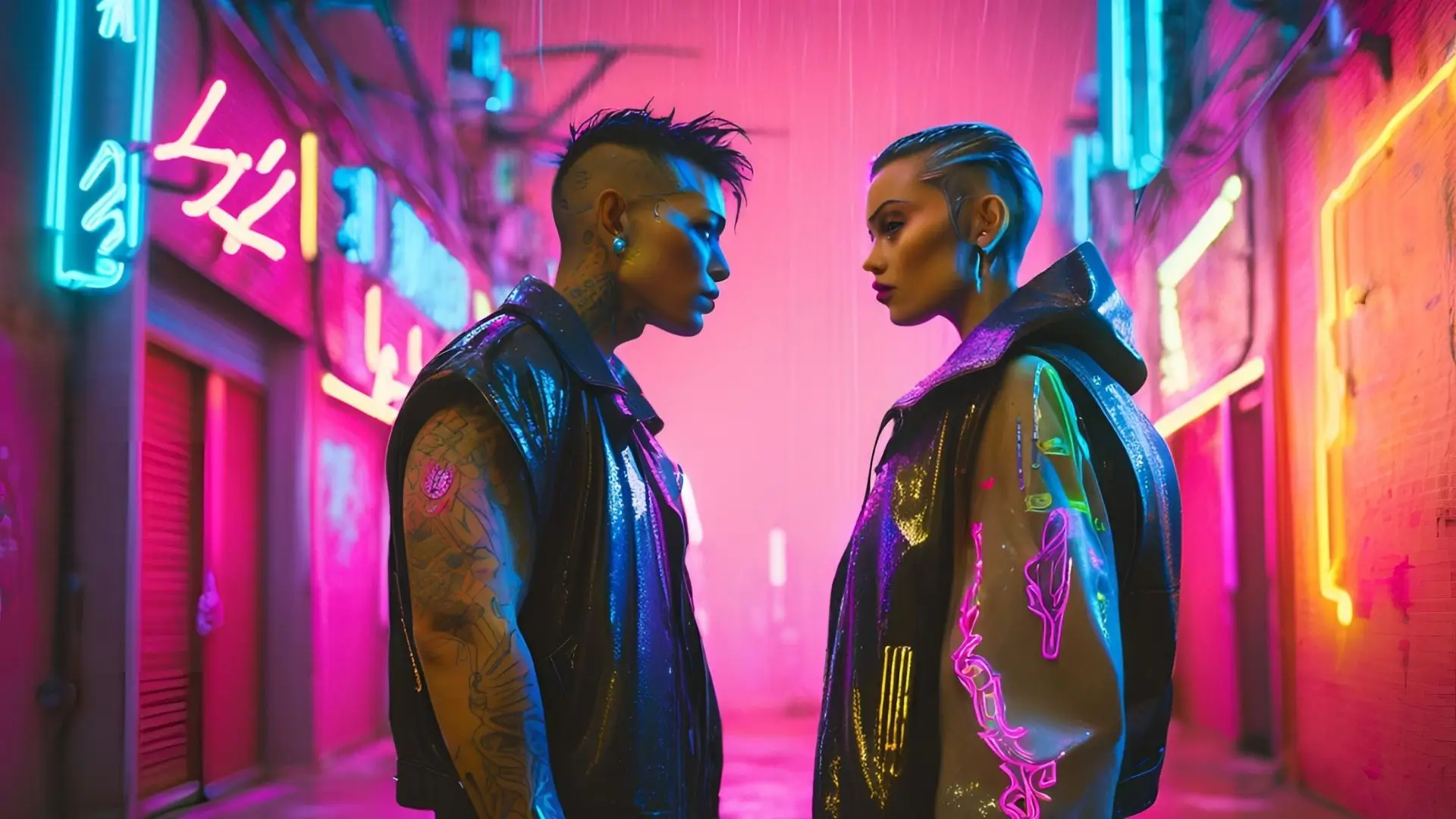 Two individuals pose together in front of vibrant neon lights, creating a lively and colorful atmosphere.