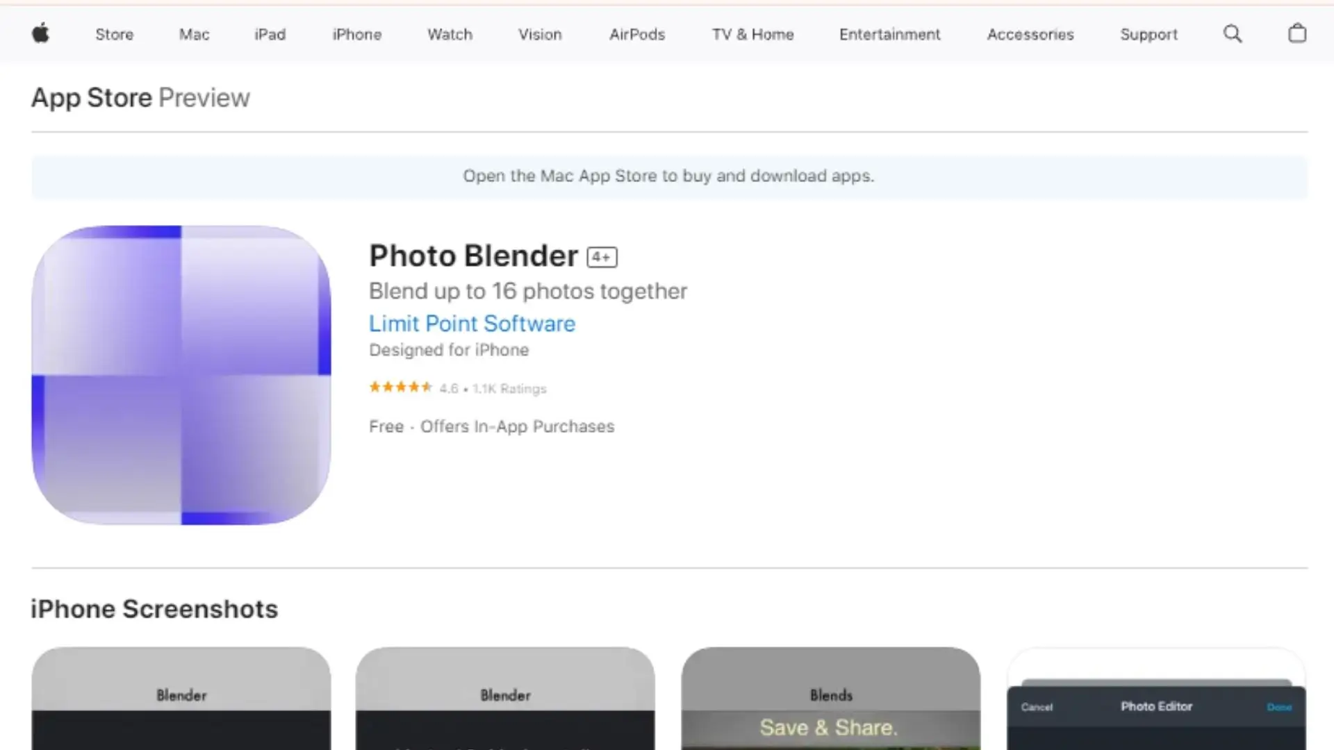 App store page showcasing Photo Blender, featuring user ratings, screenshots, and download options.