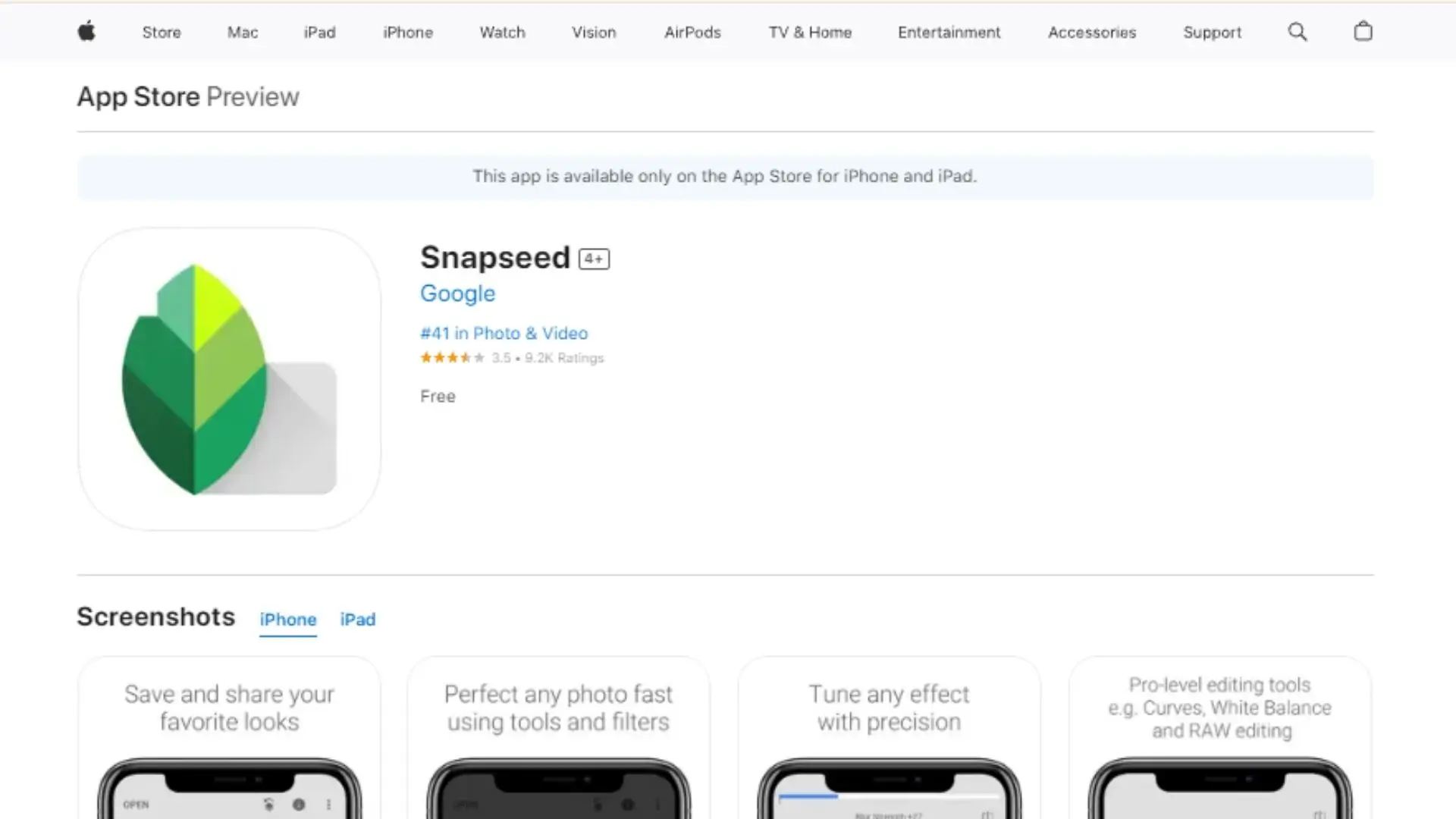 App store page showcasing Snapseed with vibrant visuals and download options for users to access the photo editor.