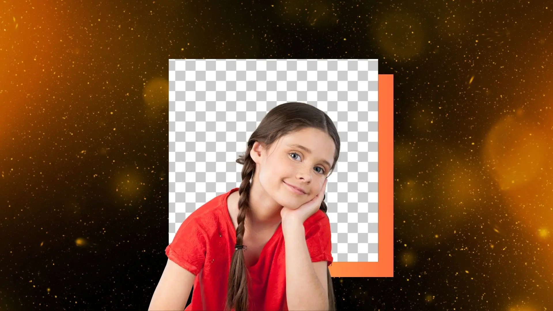 A girl resting her head on her hand, gazing thoughtfully at a picture beside her.