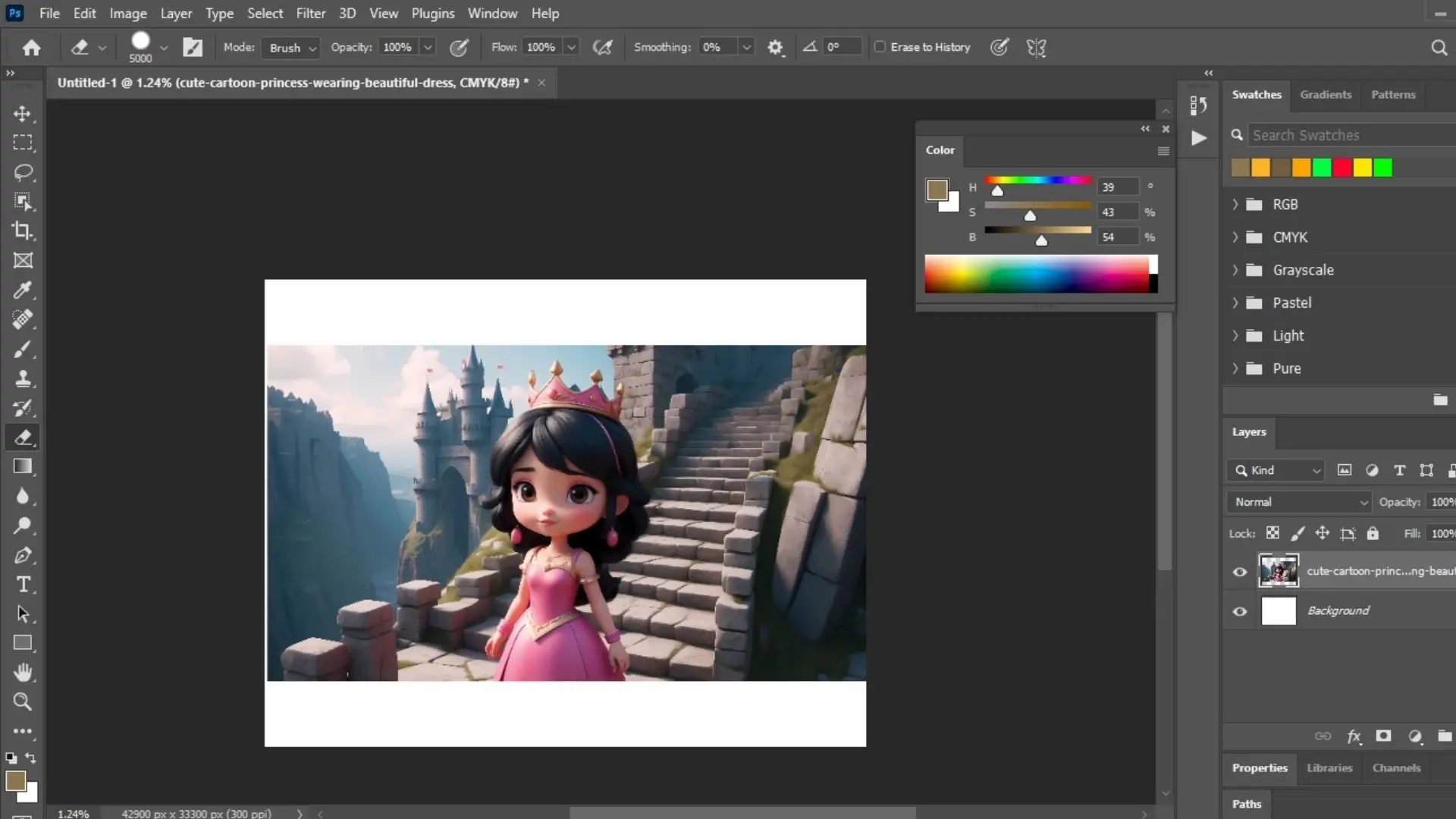 A girl in a pink dress is displayed while using the Adobe Photoshop program on her computer screen.