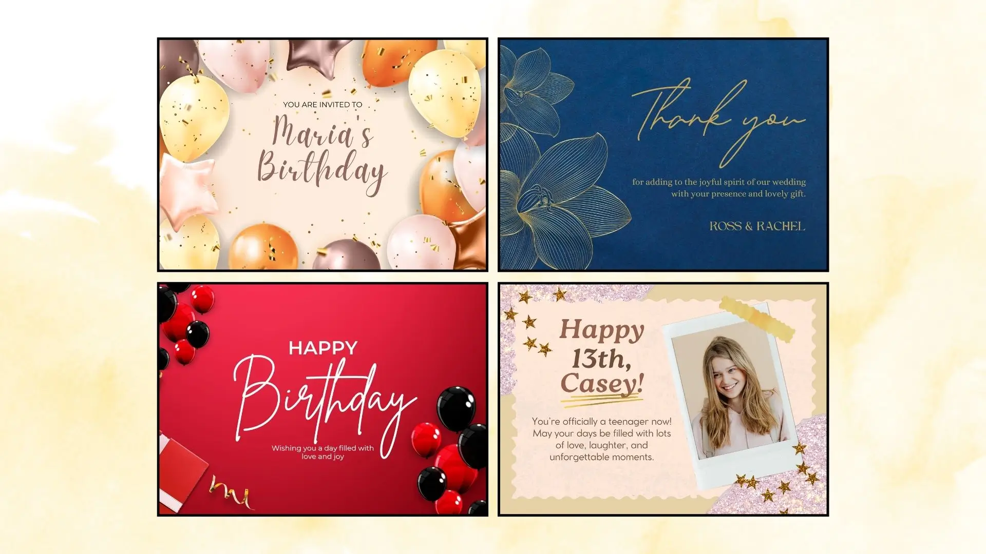 Four identical birthday cards displayed together, showcasing a unified design in various colors and styles.