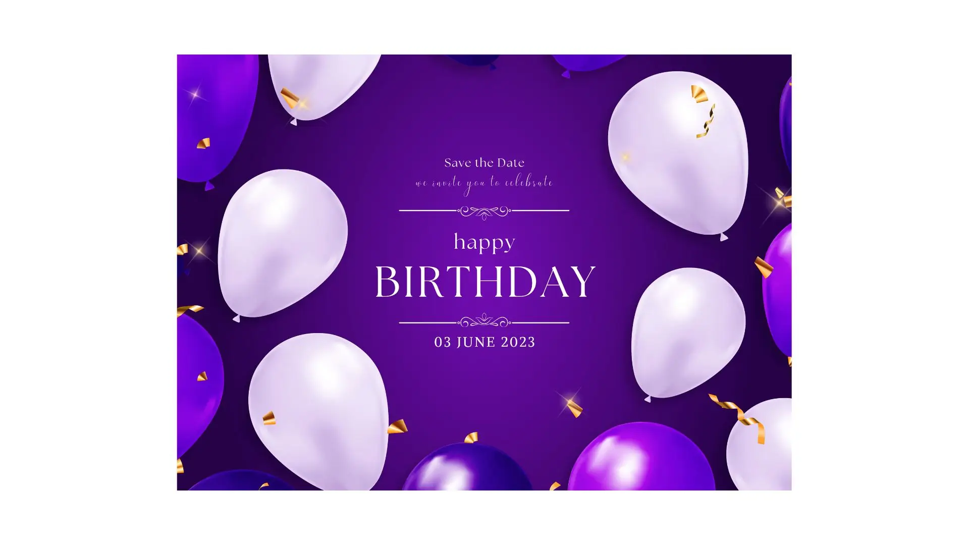 Happy birthday card featuring vibrant purple balloons and colorful confetti for a festive celebration.