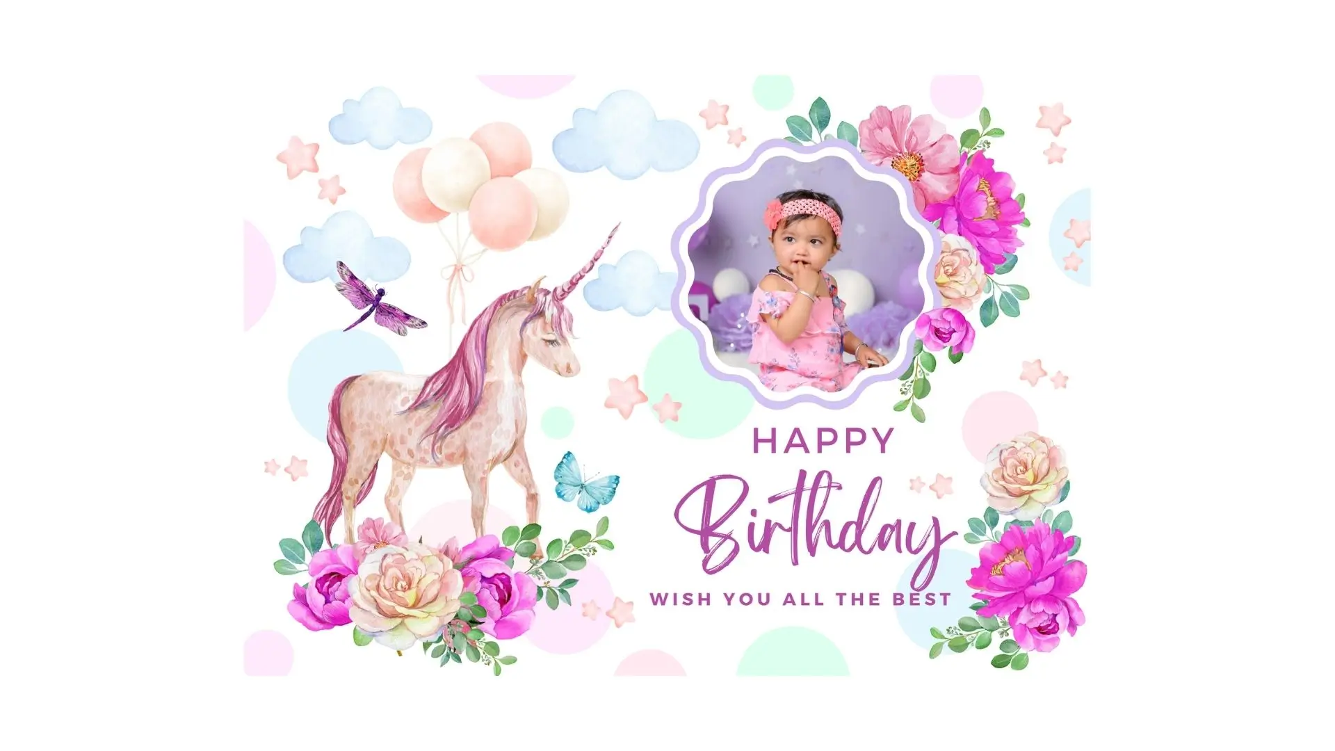 A vibrant birthday card featuring a cheerful unicorn, adorned with colorful balloons and a festive background.