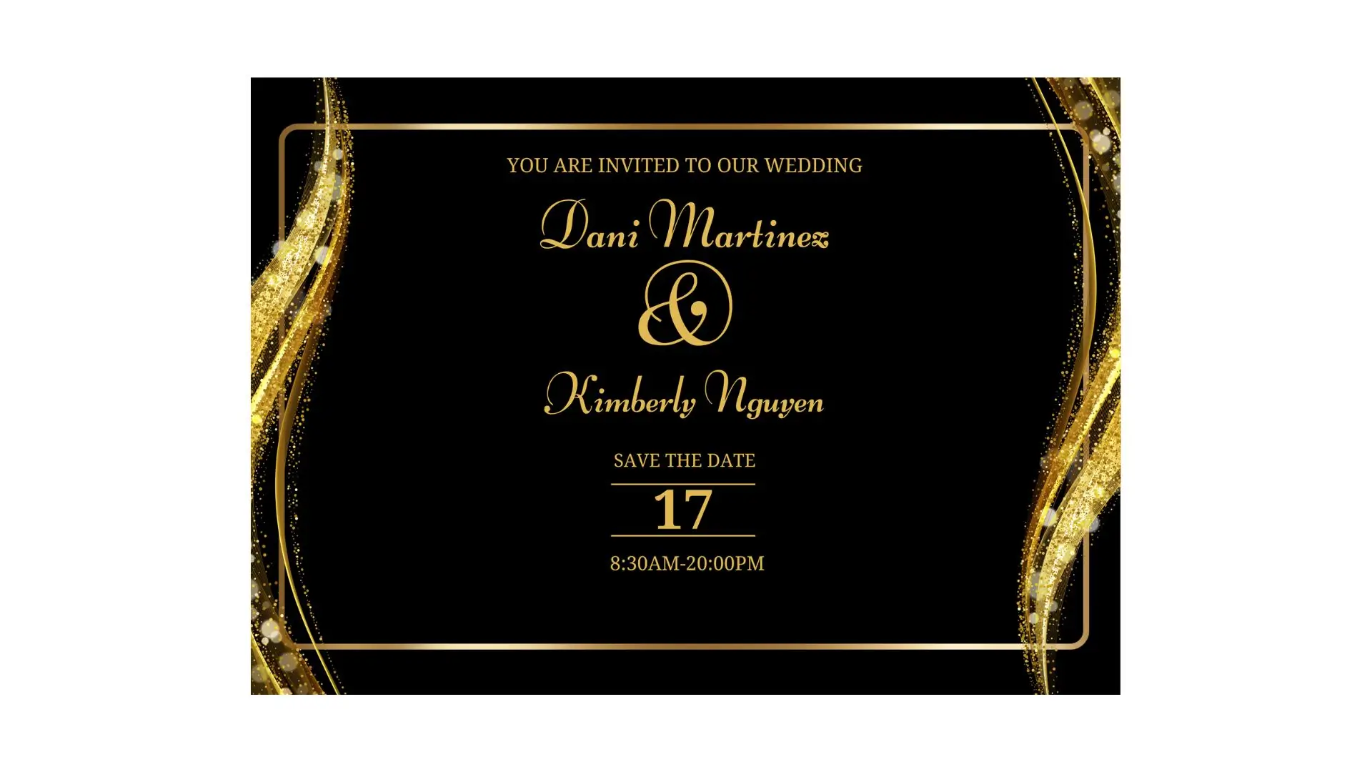 Elegant wedding invitation featuring gold foil accents on a sophisticated black background.