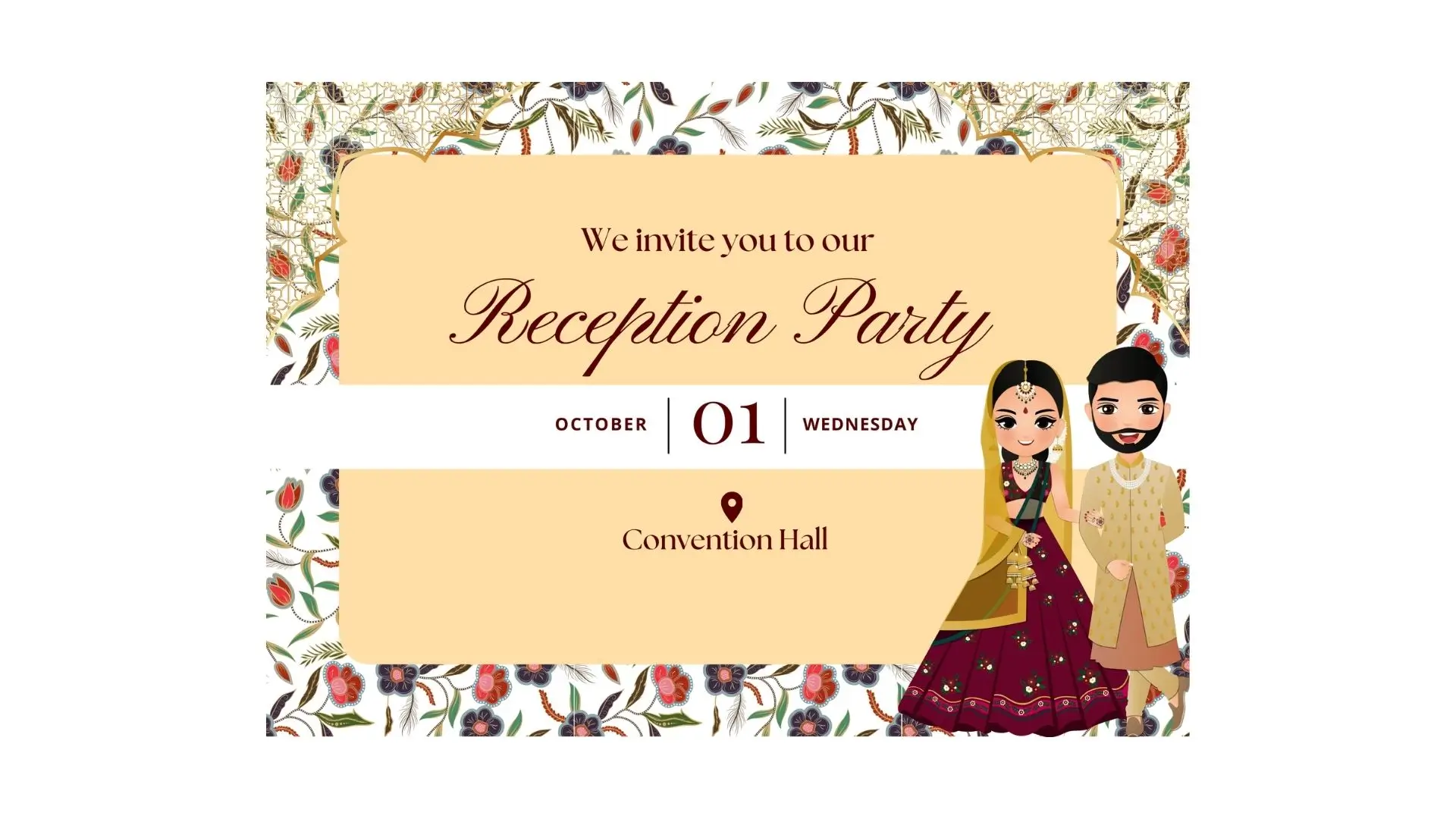 Elegant wedding reception card featuring floral designs and space for guest details and RSVP information.