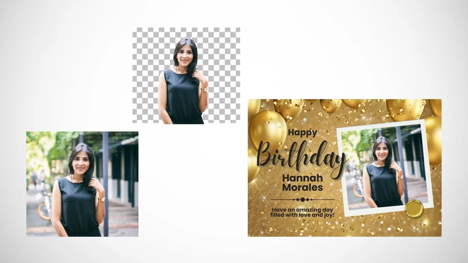 A birthday card featuring elegant gold foil balloons, adding a festive touch to the celebration.