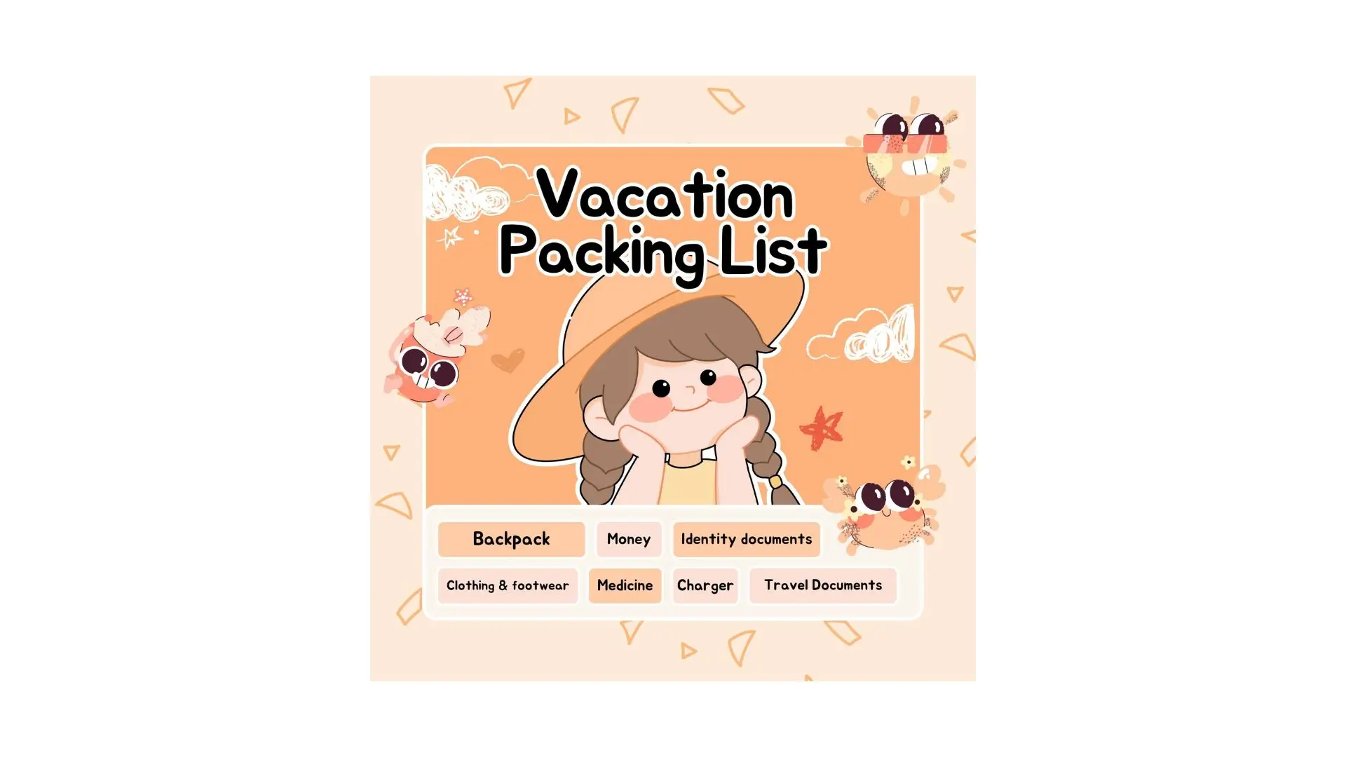 A neatly organized vacation packing list featuring essentials like clothing, toiletries, and travel documents.
