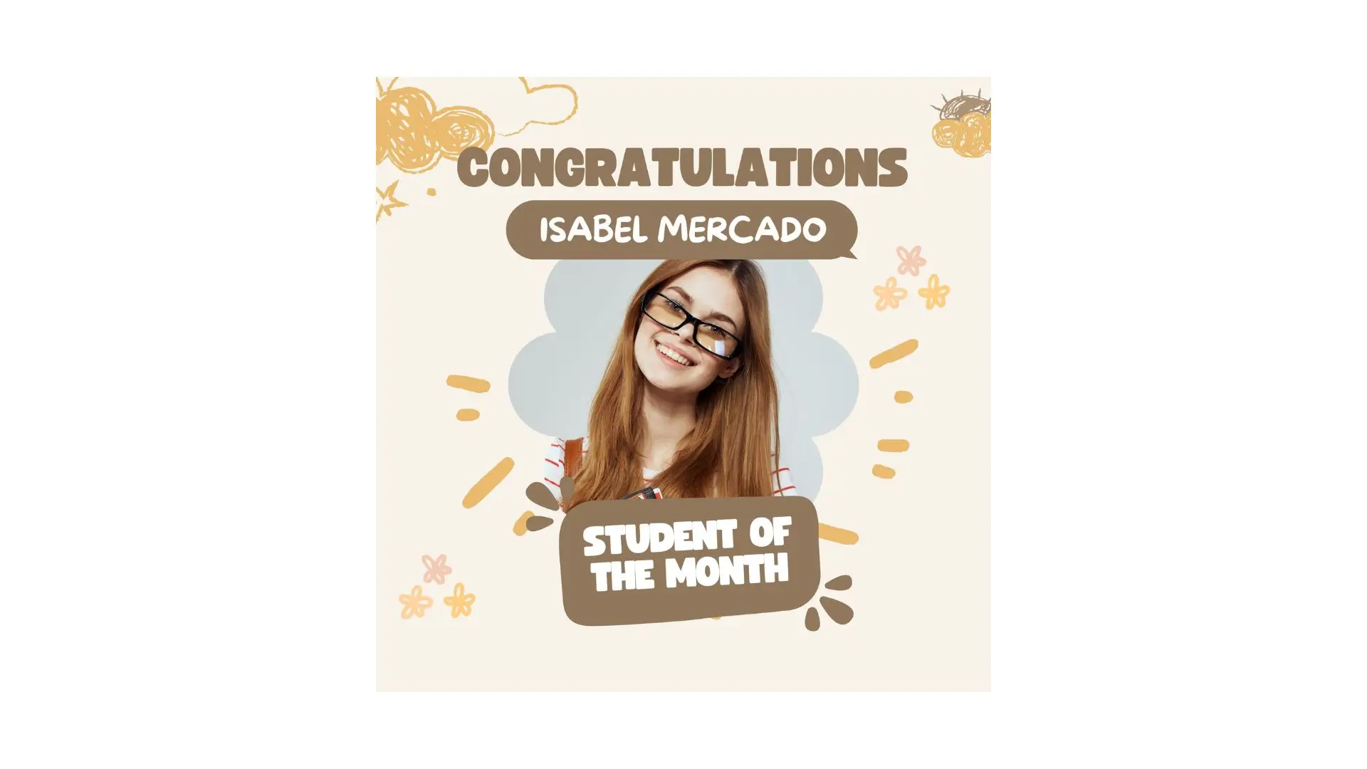 A banner celebrating the student of the month with vibrant colors and congratulatory text.