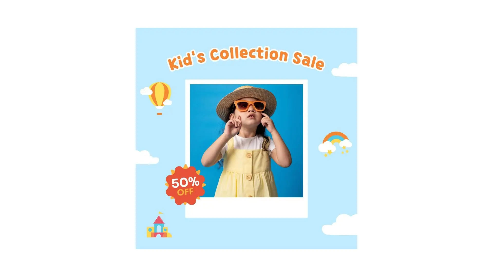A vibrant poster for a kid's collection sale featuring a girl wearing stylish sunglasses, inviting shoppers to explore.