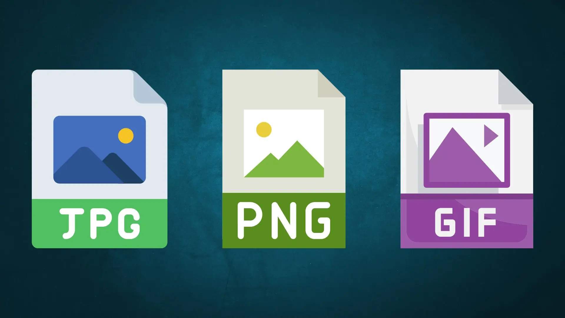 Three file icons labeled png, jpg, and gif, representing different image formats on a digital background.