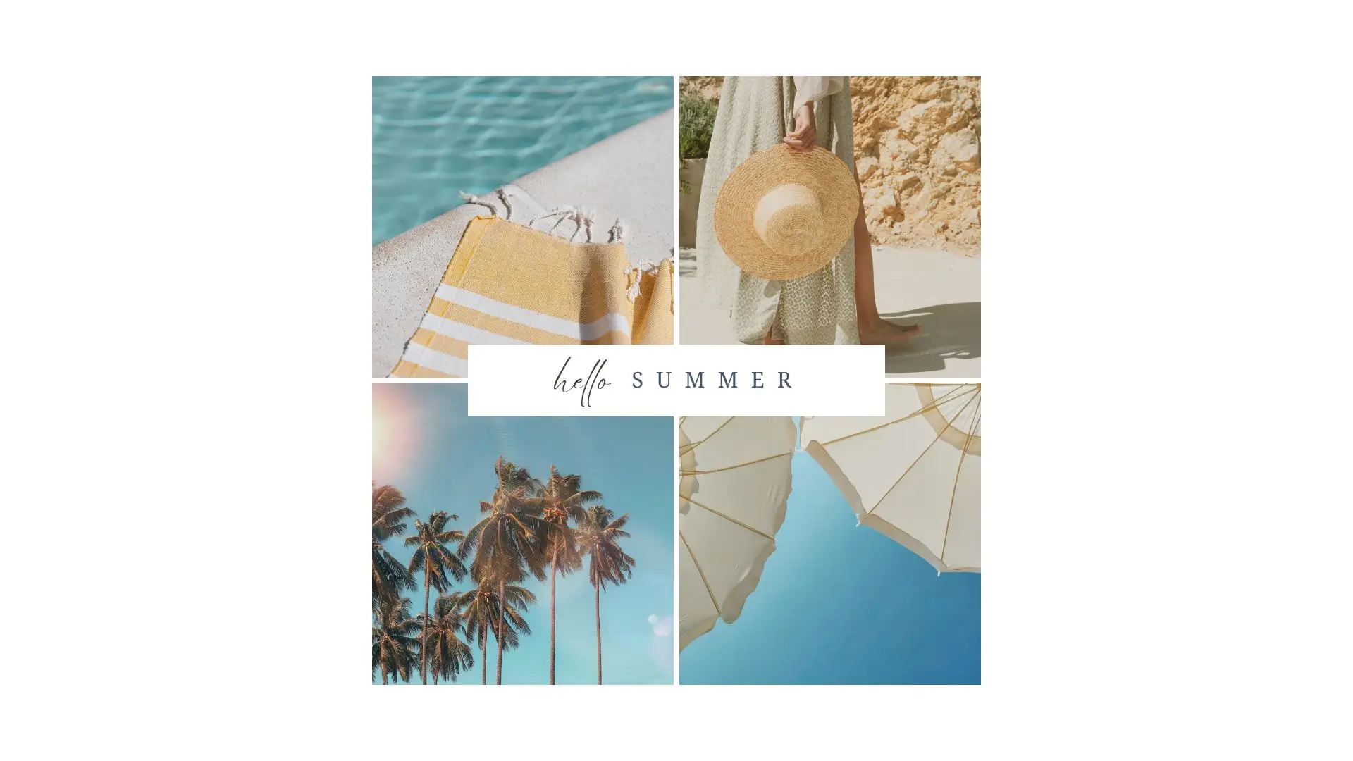 A vibrant collage featuring the words "summer" and "beach" amidst colorful beach-themed images and elements.