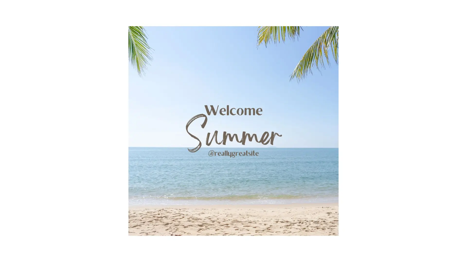 A vibrant summer beach scene featuring a tall palm tree swaying gently in the warm breeze under a clear blue sky.