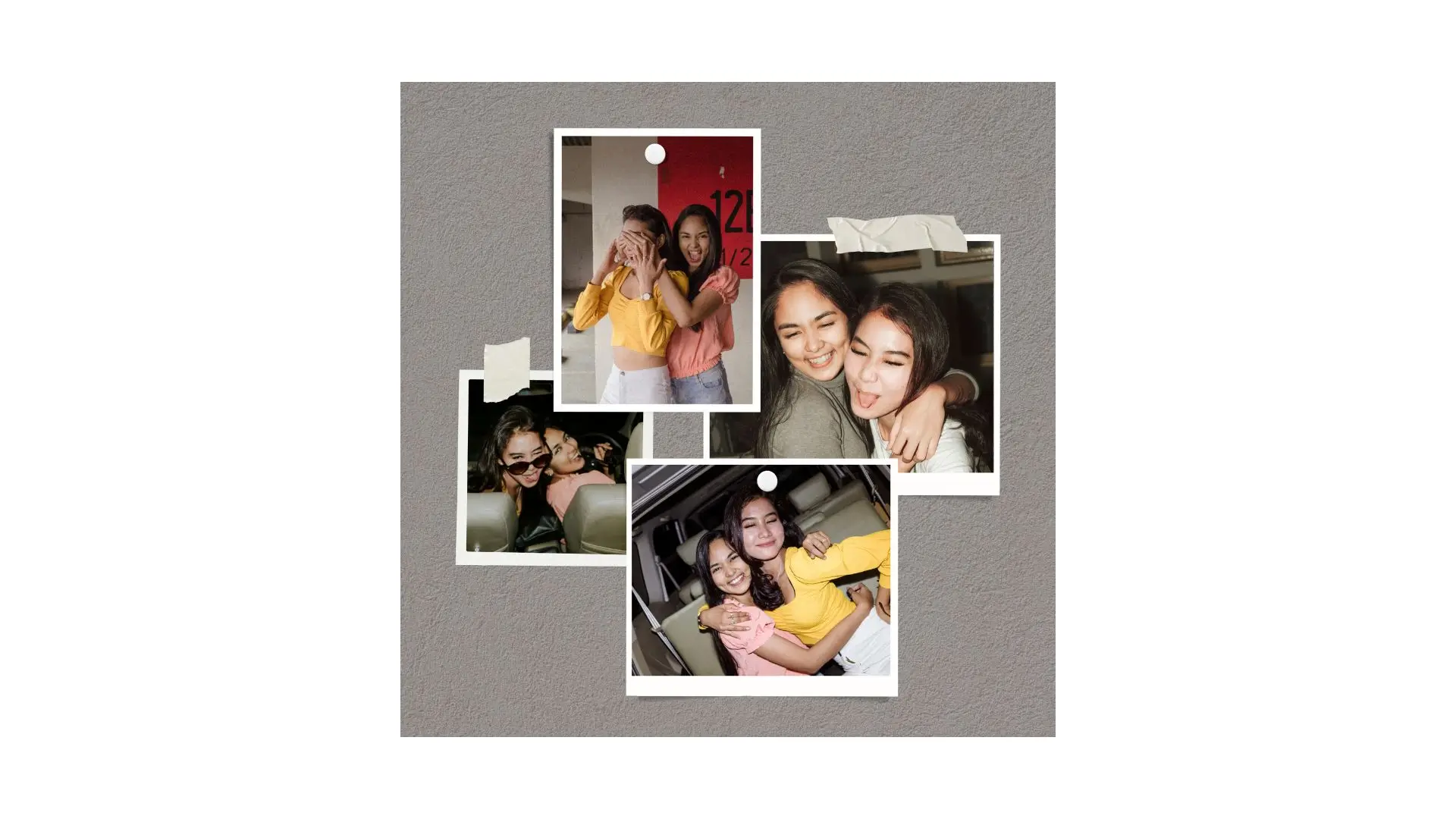 A heartwarming photo collage featuring four individuals embracing each other in joyful hugs.