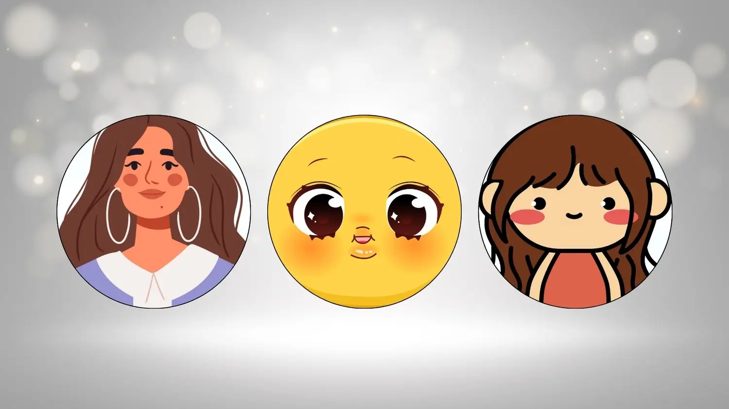 Three cartoon emoticons displaying varied expressions: happy, sad, and surprised, showcasing a range of emotions.