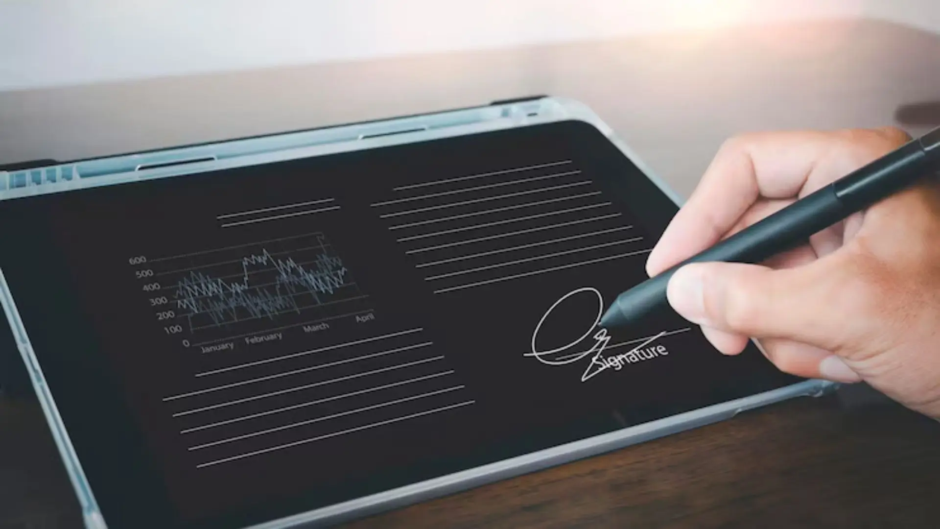 A person engaged in writing on a graph displayed on a tablet, showcasing digital data analysis.